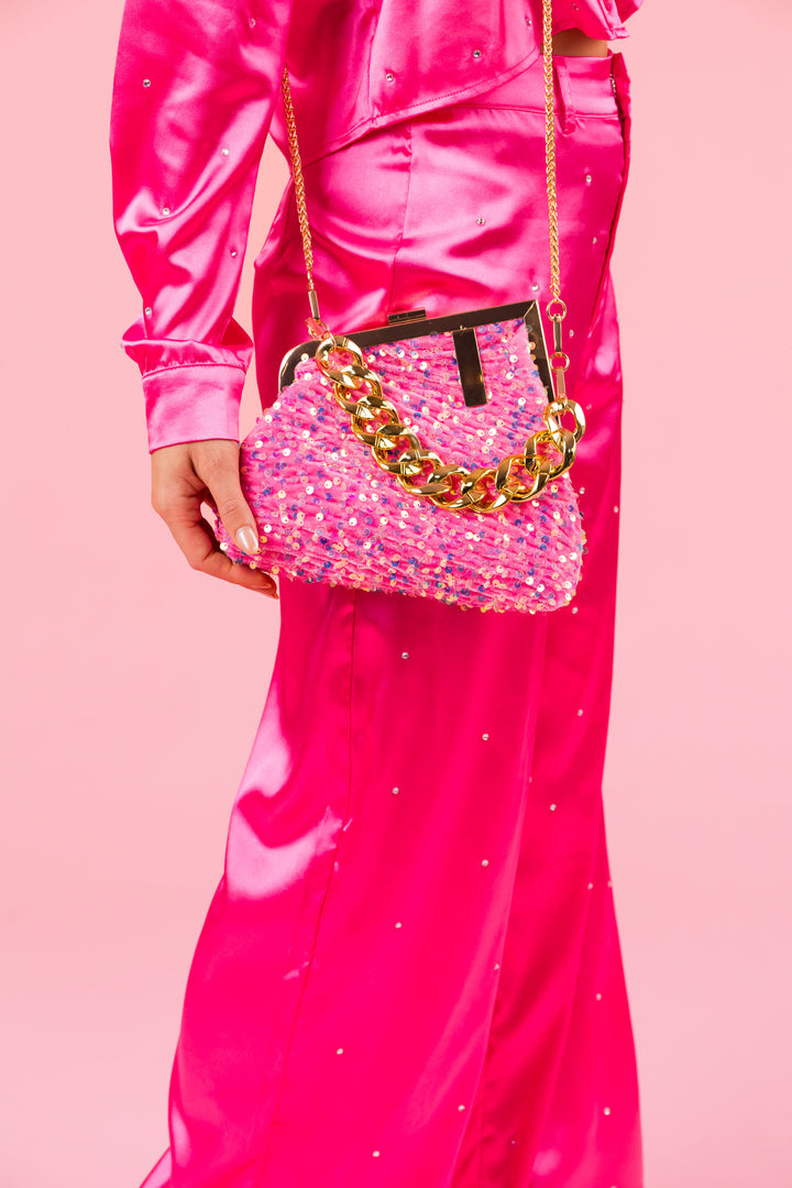 Baby Pink Asymmetrical Sequins Gold Chain Clutch