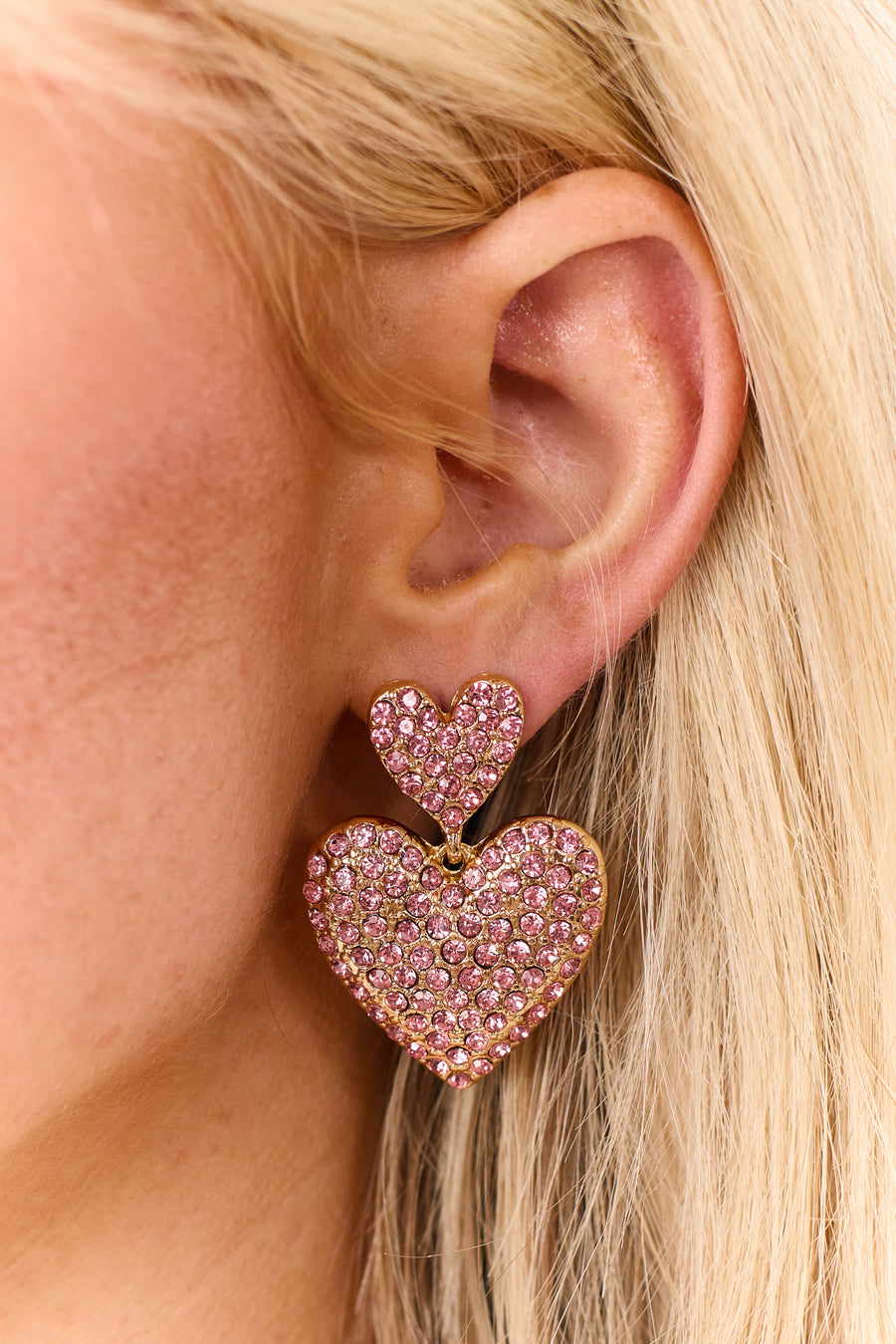 Baby Pink Pave Rhinestone Double Heart Drop Earrings