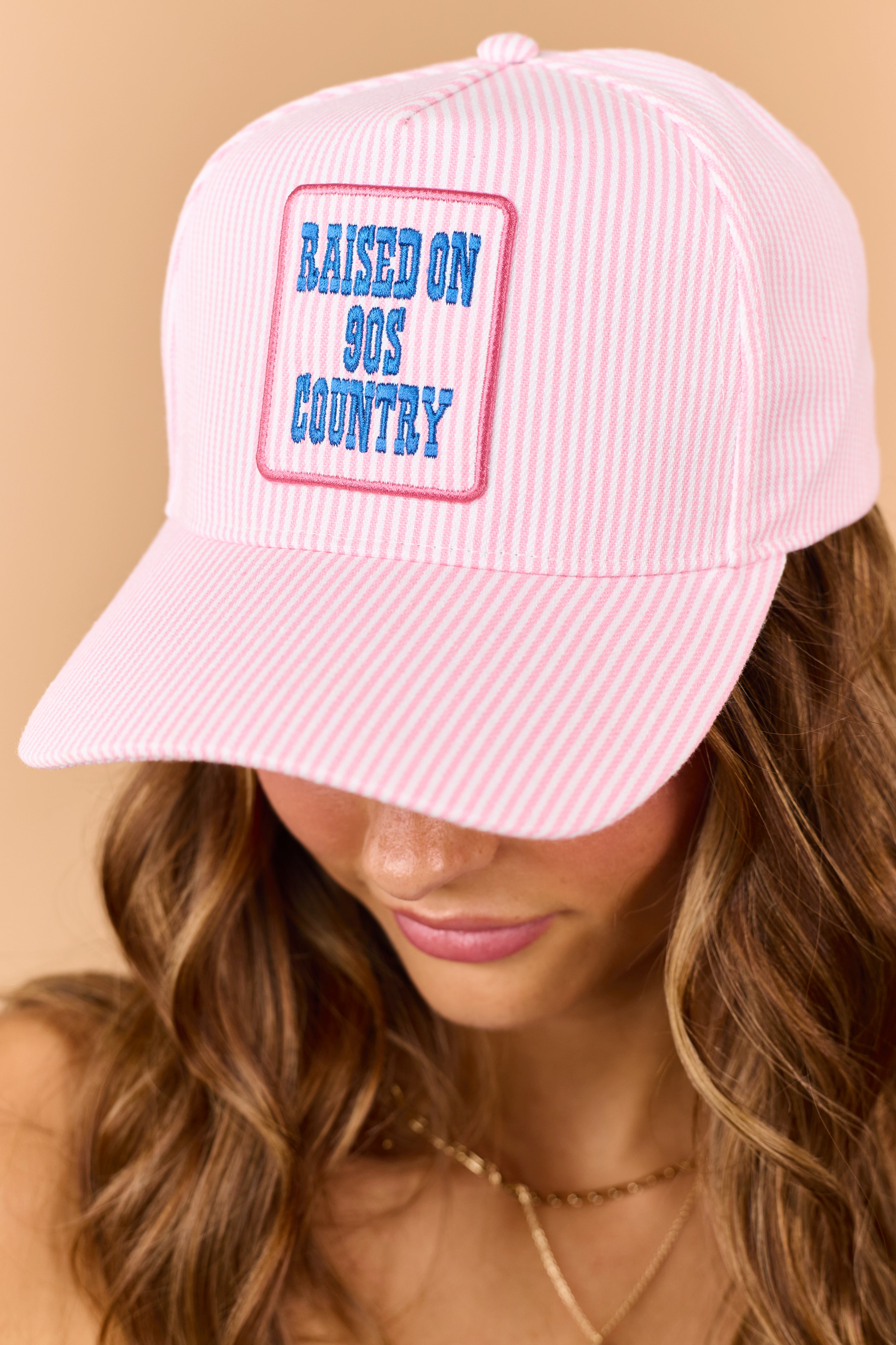 Baby Pink Striped 'Raised On 90s Country' Patch Hat