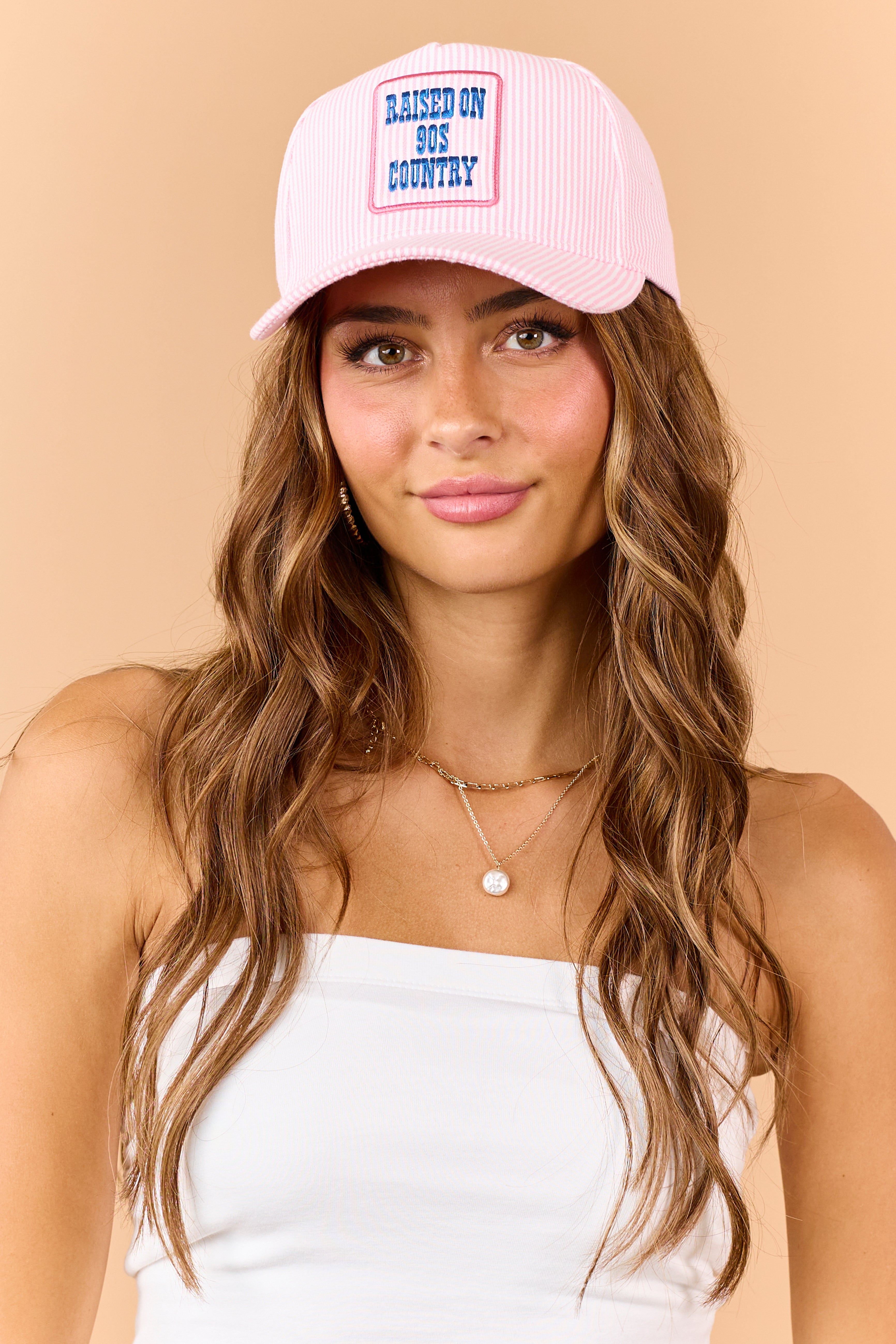 Baby Pink Striped 'Raised On 90s Country' Patch Hat