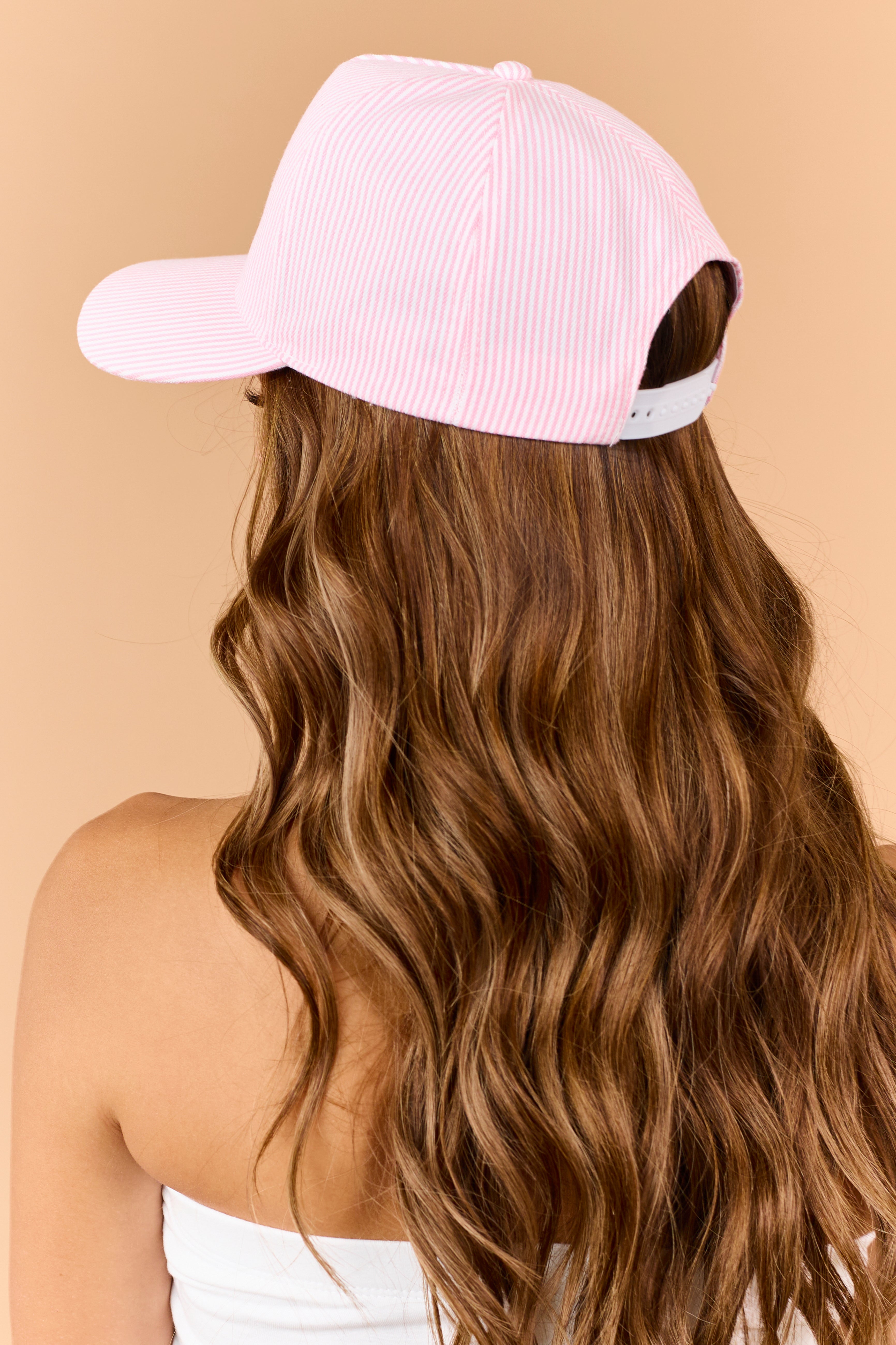 Baby Pink Striped 'Salty Beach' Embroidered Trucker Hat