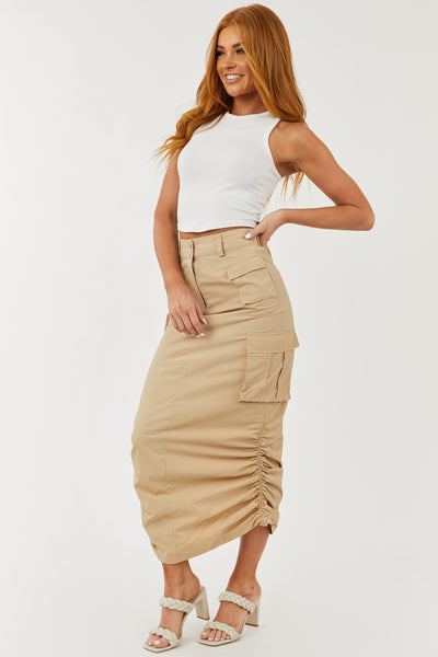 Beige Adjustable Ruched Sides Cargo Midi Skirt