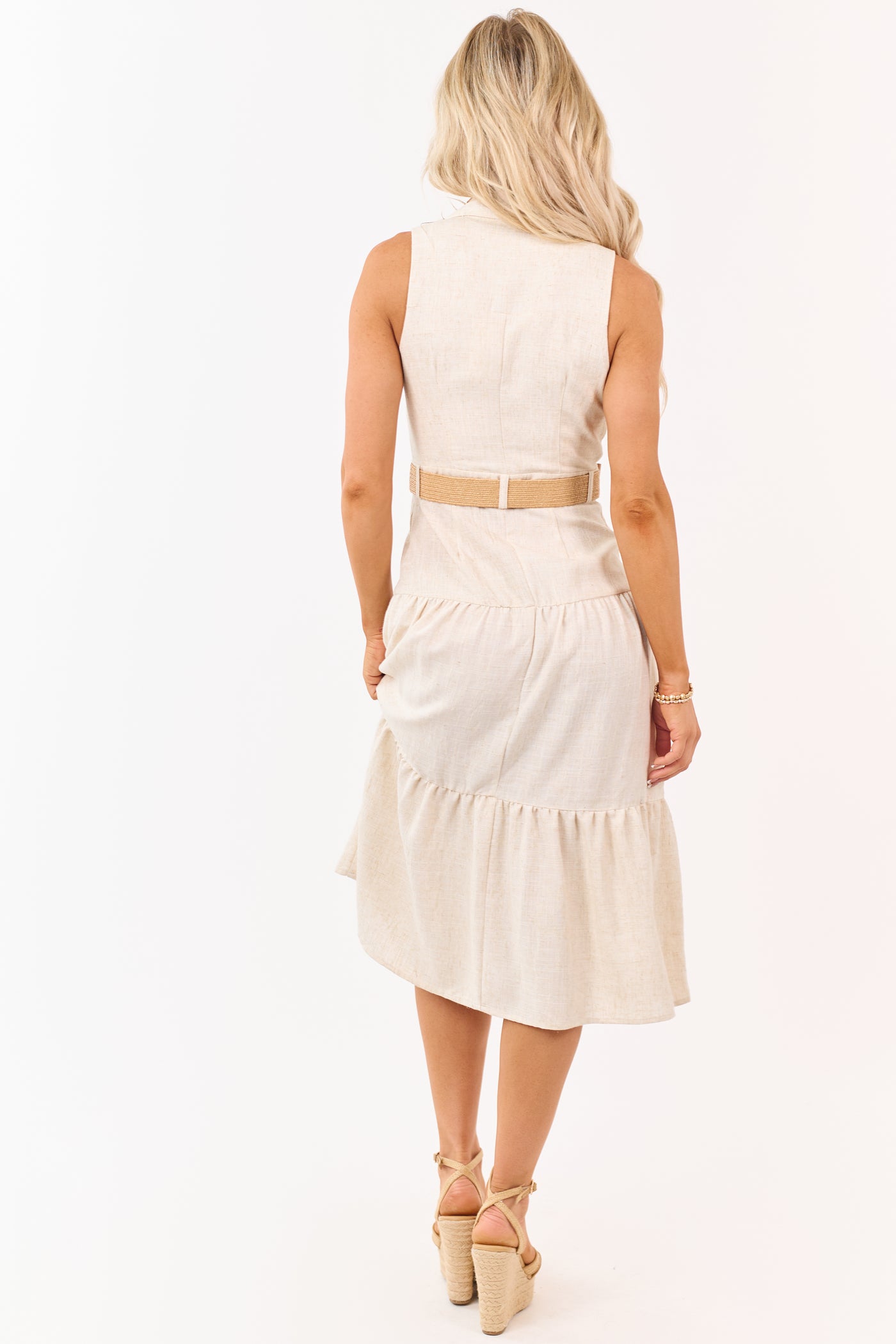 Beige Button Down Belted Sleeveless Midi Dress
