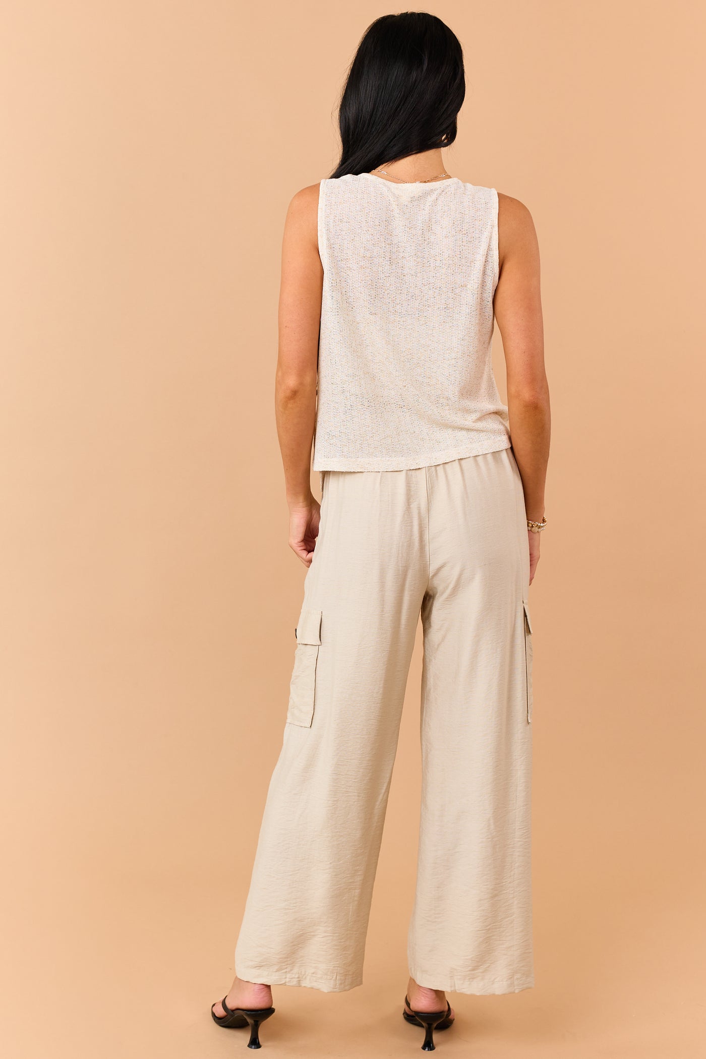 Beige Button Down Vest Top and Oatmeal Pants Set