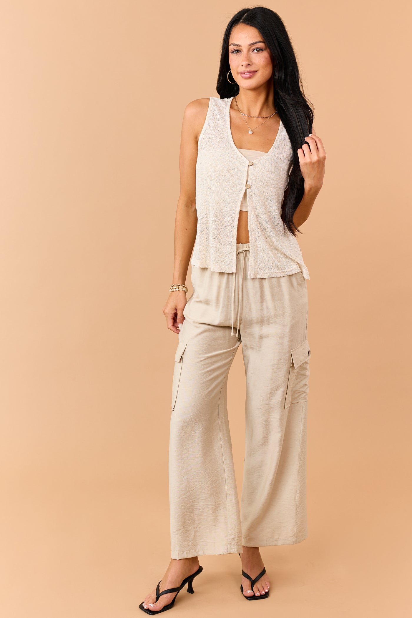 Beige Button Down Vest Top and Oatmeal Pants Set