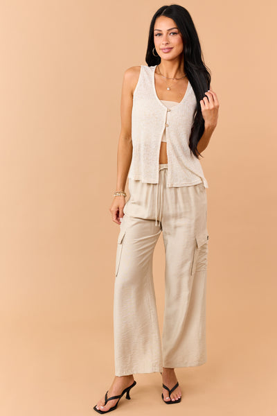 Beige Button Down Vest Top and Oatmeal Pants Set