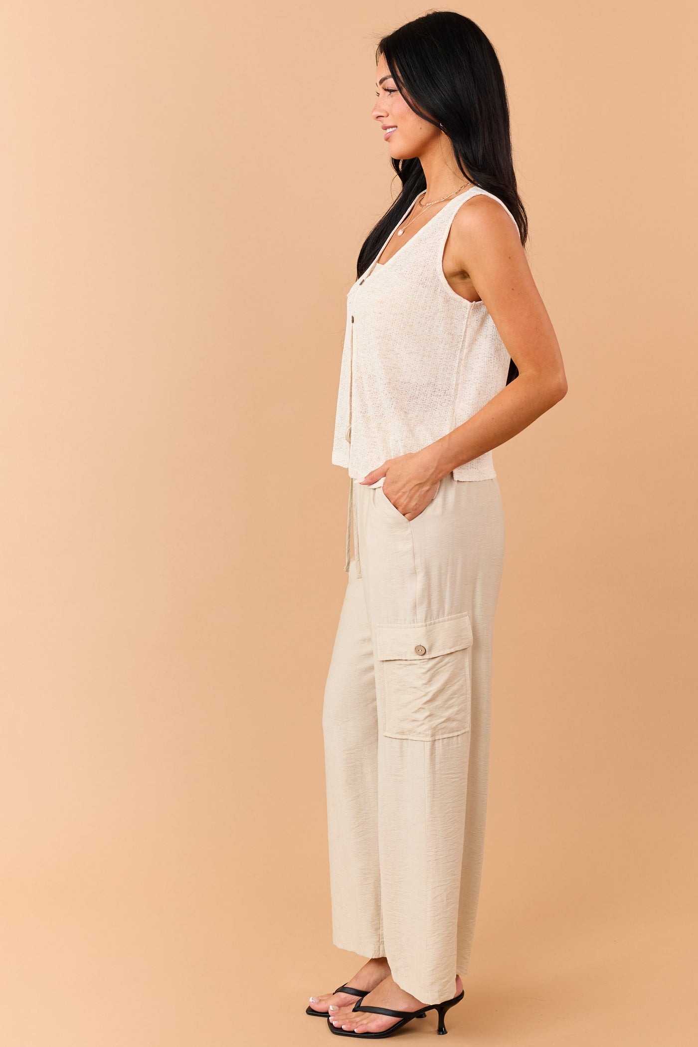 Beige Button Down Vest Top and Oatmeal Pants Set