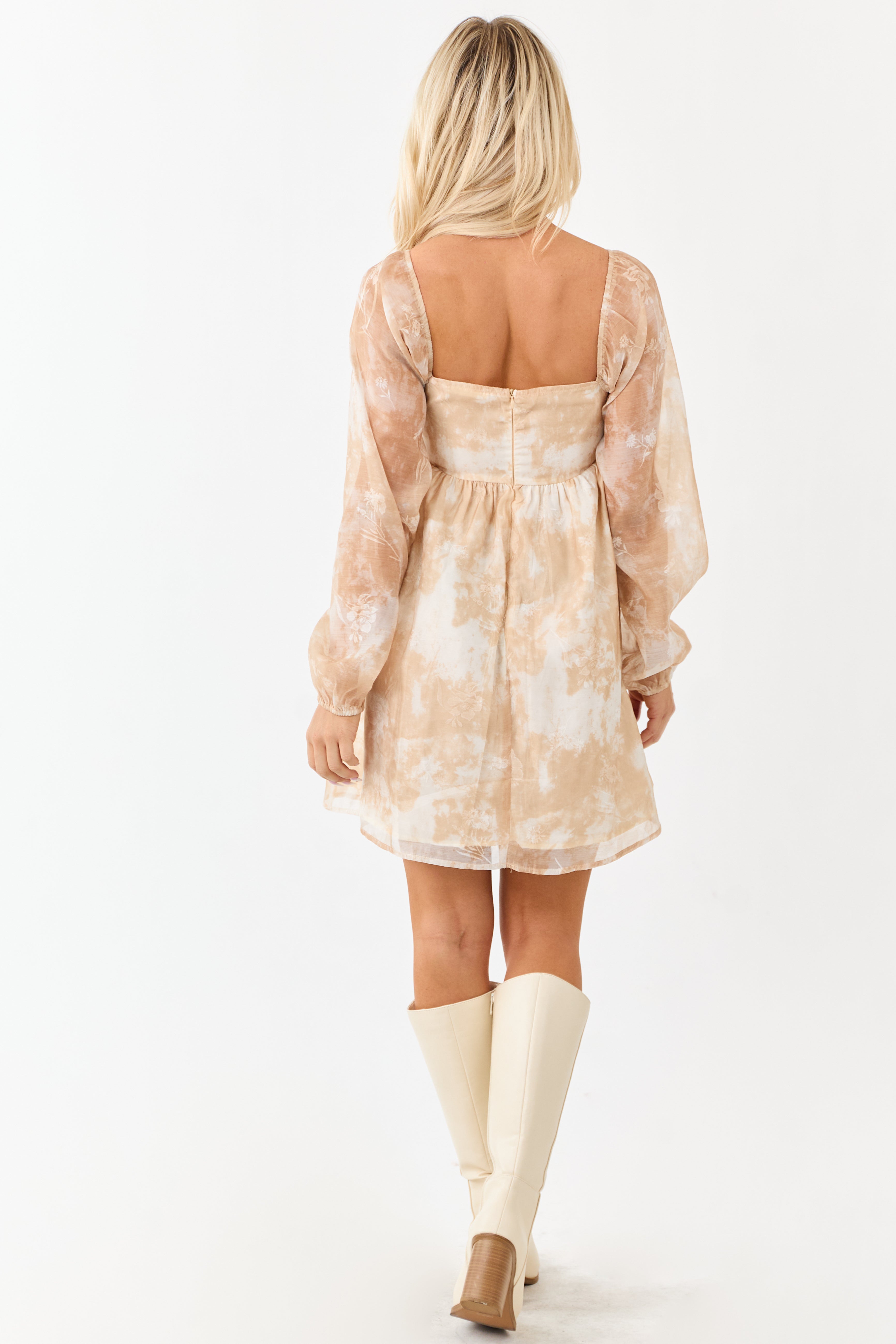 Beige Chiffon Floral Pleated Babydoll Mini Dress