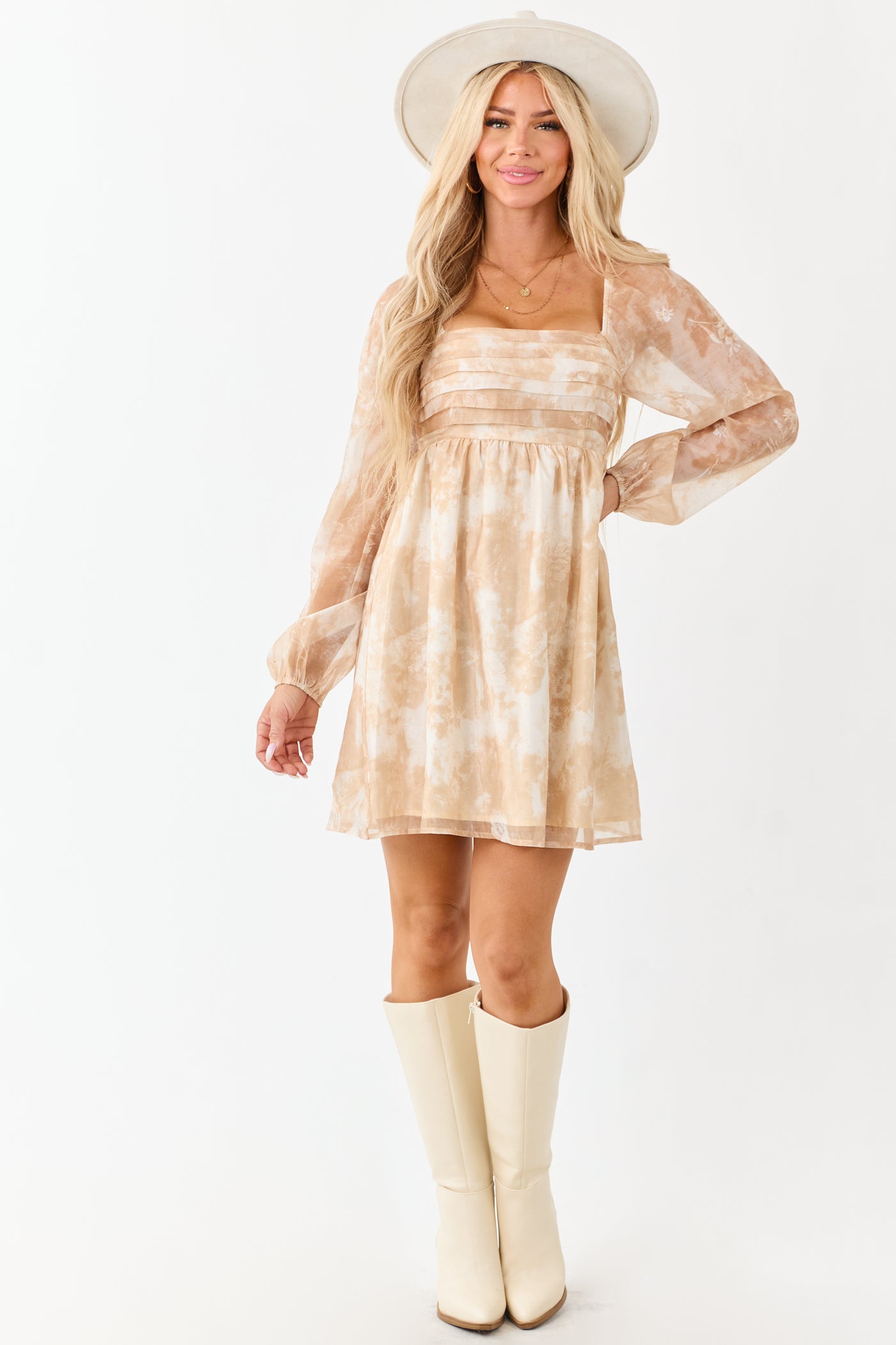 Beige Chiffon Floral Pleated Babydoll Mini Dress