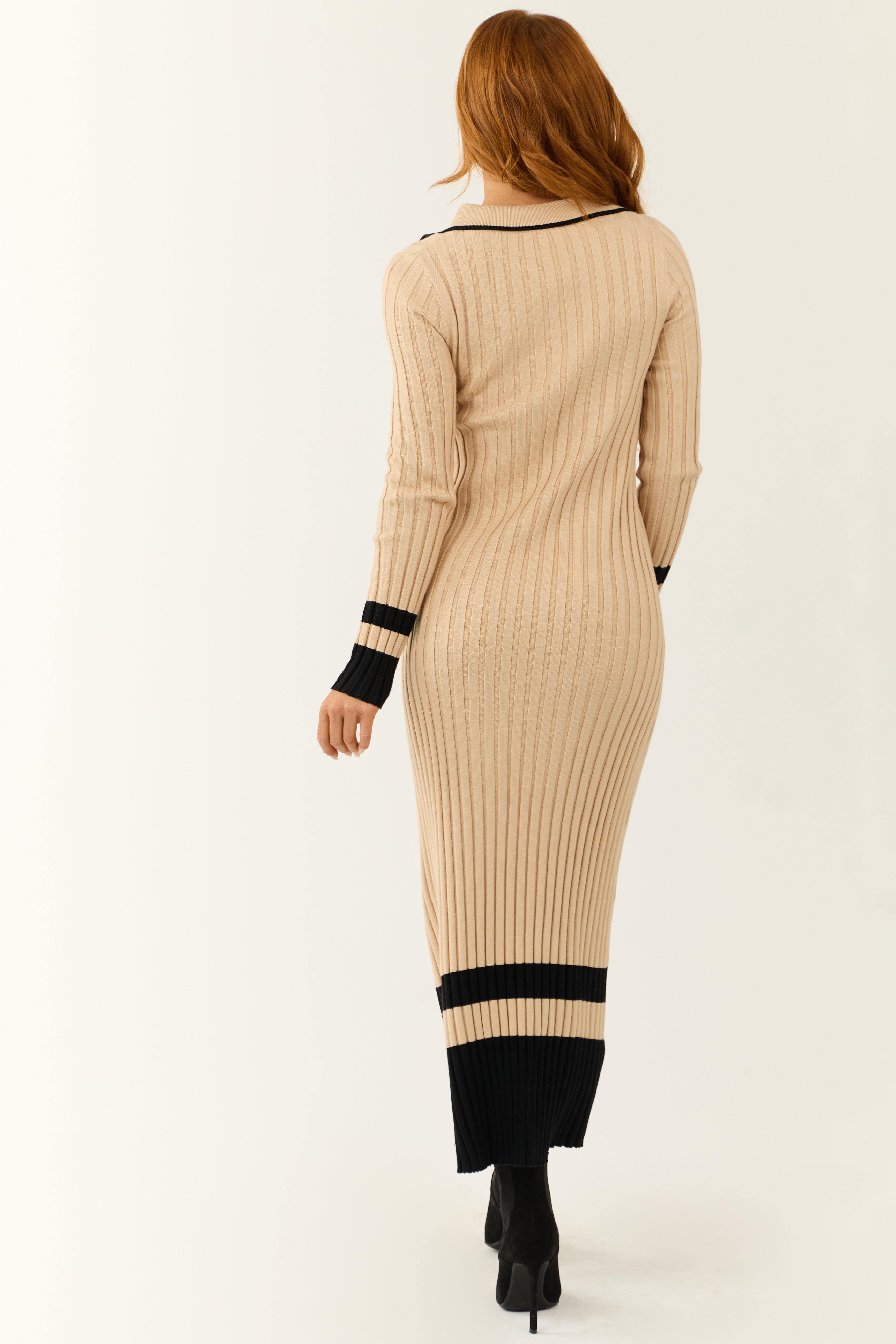 imperf　Classic Knit Dress Beige Colorblock Stripe Maxi Sweater Dress | Lime Lush Boutique