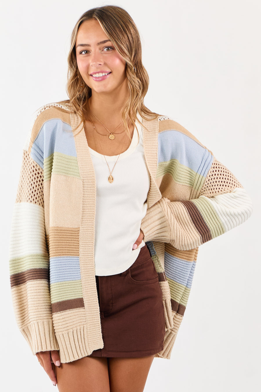 Beige Colorblock Striped Relaxed Open Front Cardigan