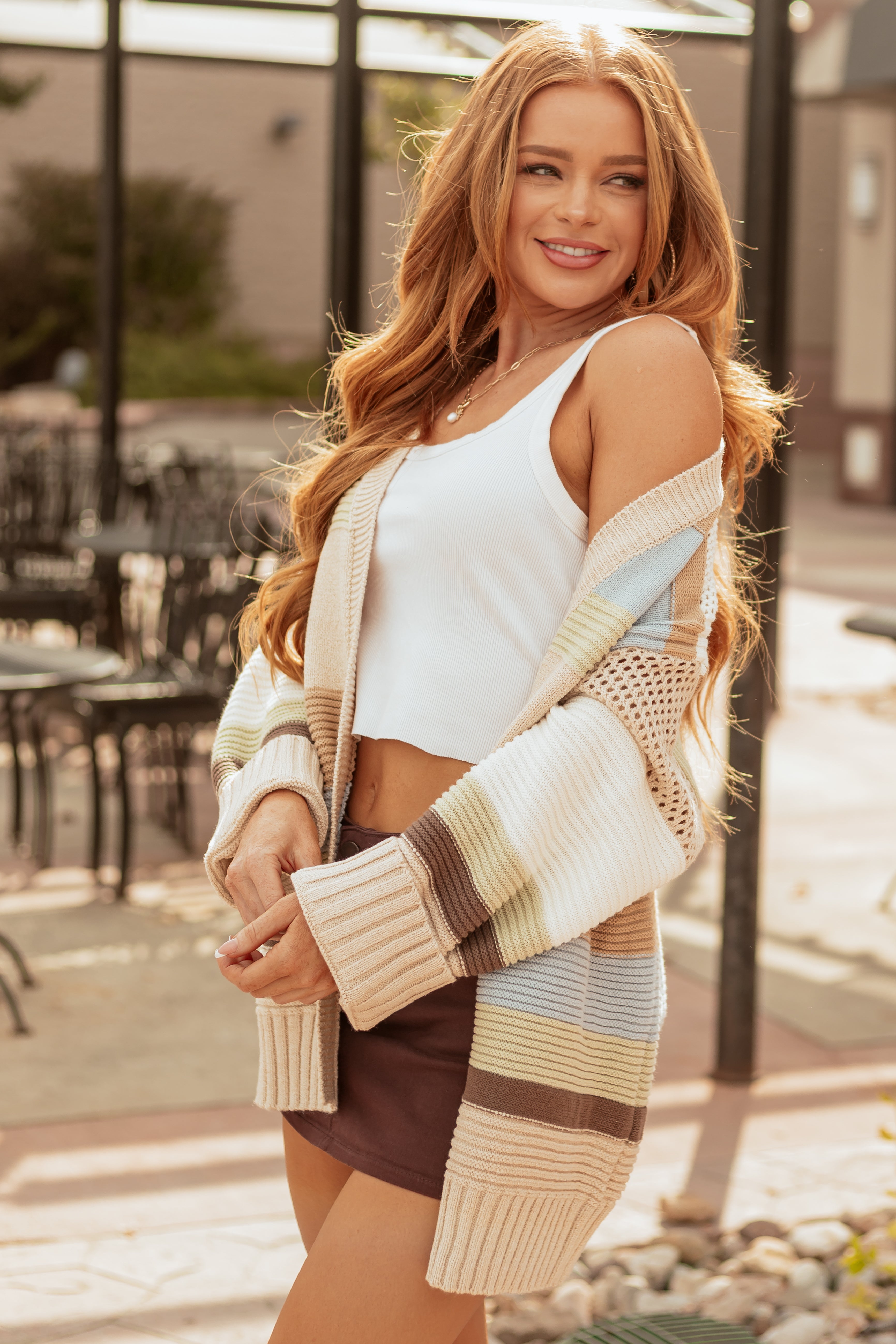 Beige Colorblock Striped Relaxed Open Front Cardigan