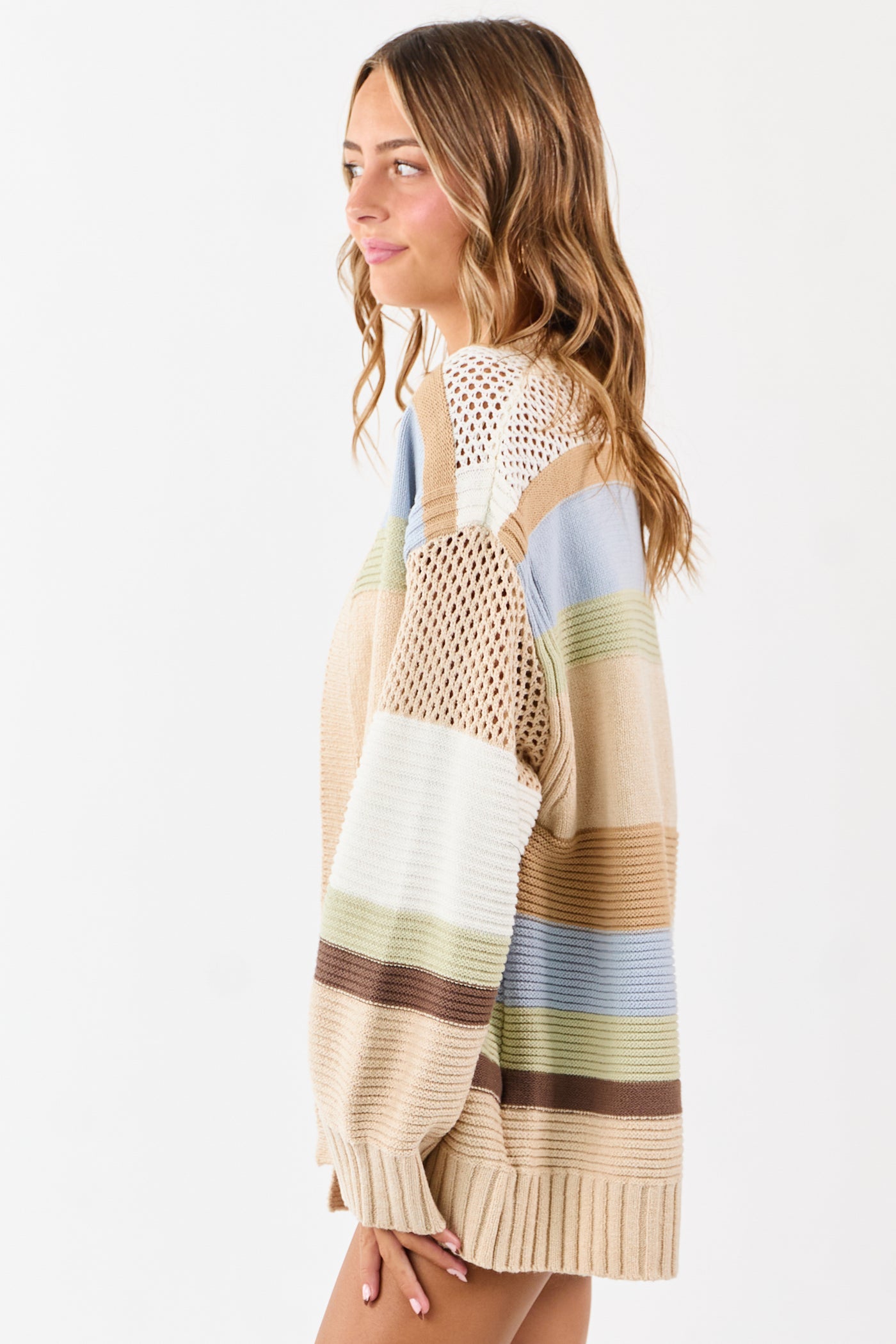 Beige Colorblock Striped Relaxed Open Front Cardigan