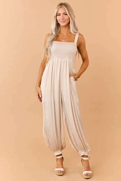 【新品】アリシアスタン　Contrast Color Cami Jumpsuit Beige-Contrast-Stitch-Smocked-