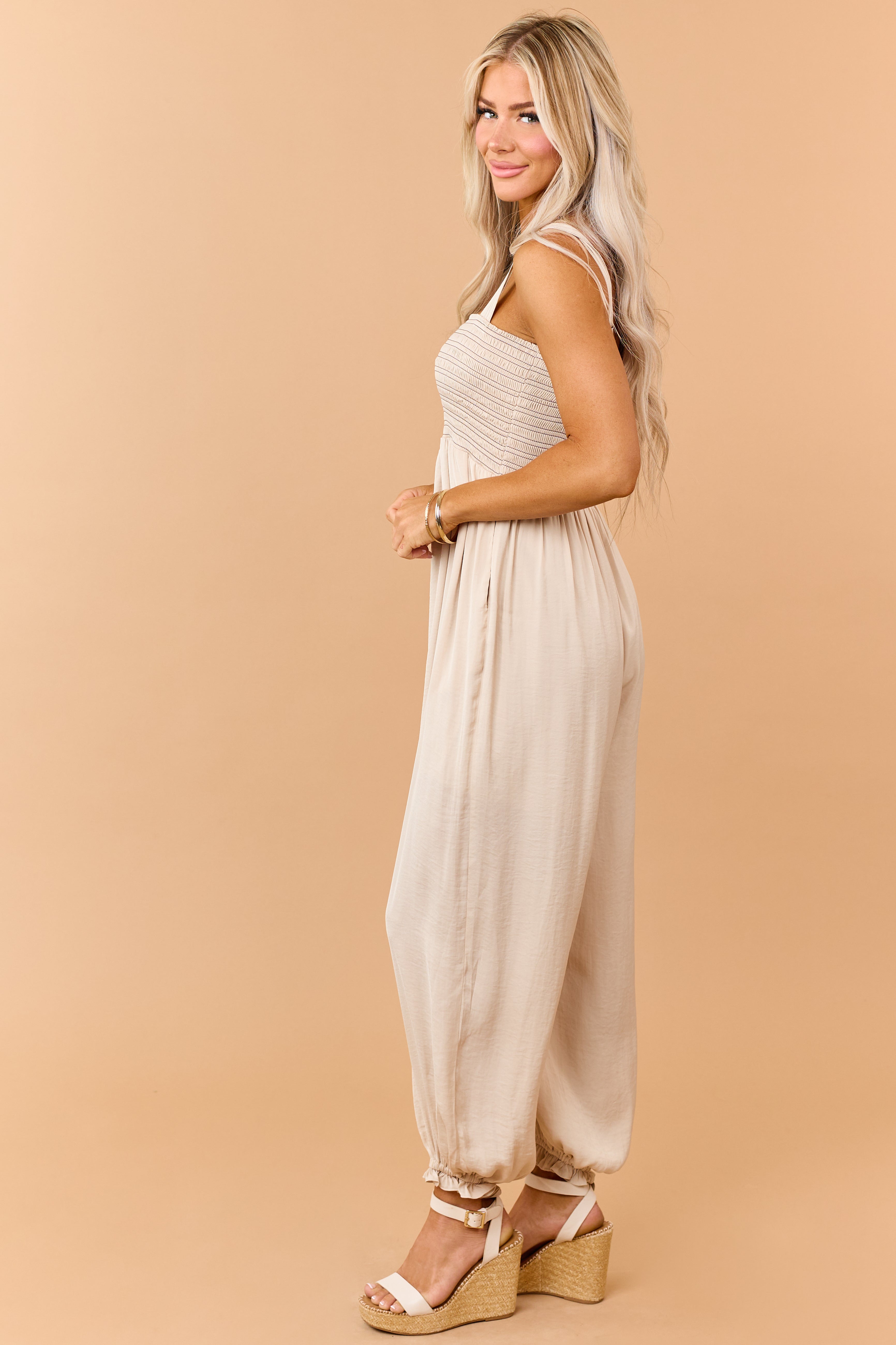 Beige Contrast Stitch Smocked Bodice Jumpsuit
