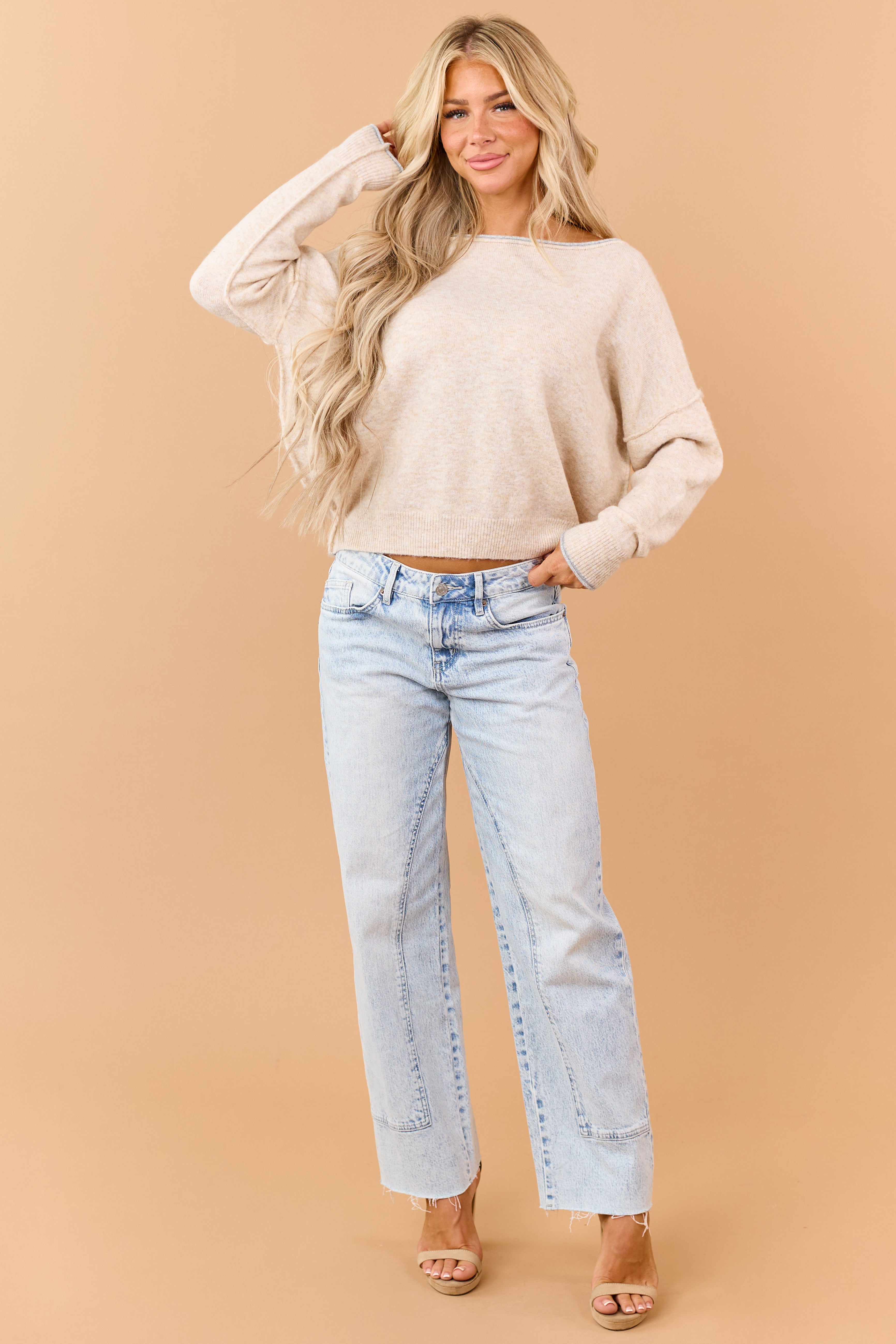Beige Contrast Trim Off Shoulder Rib Knit Sweater