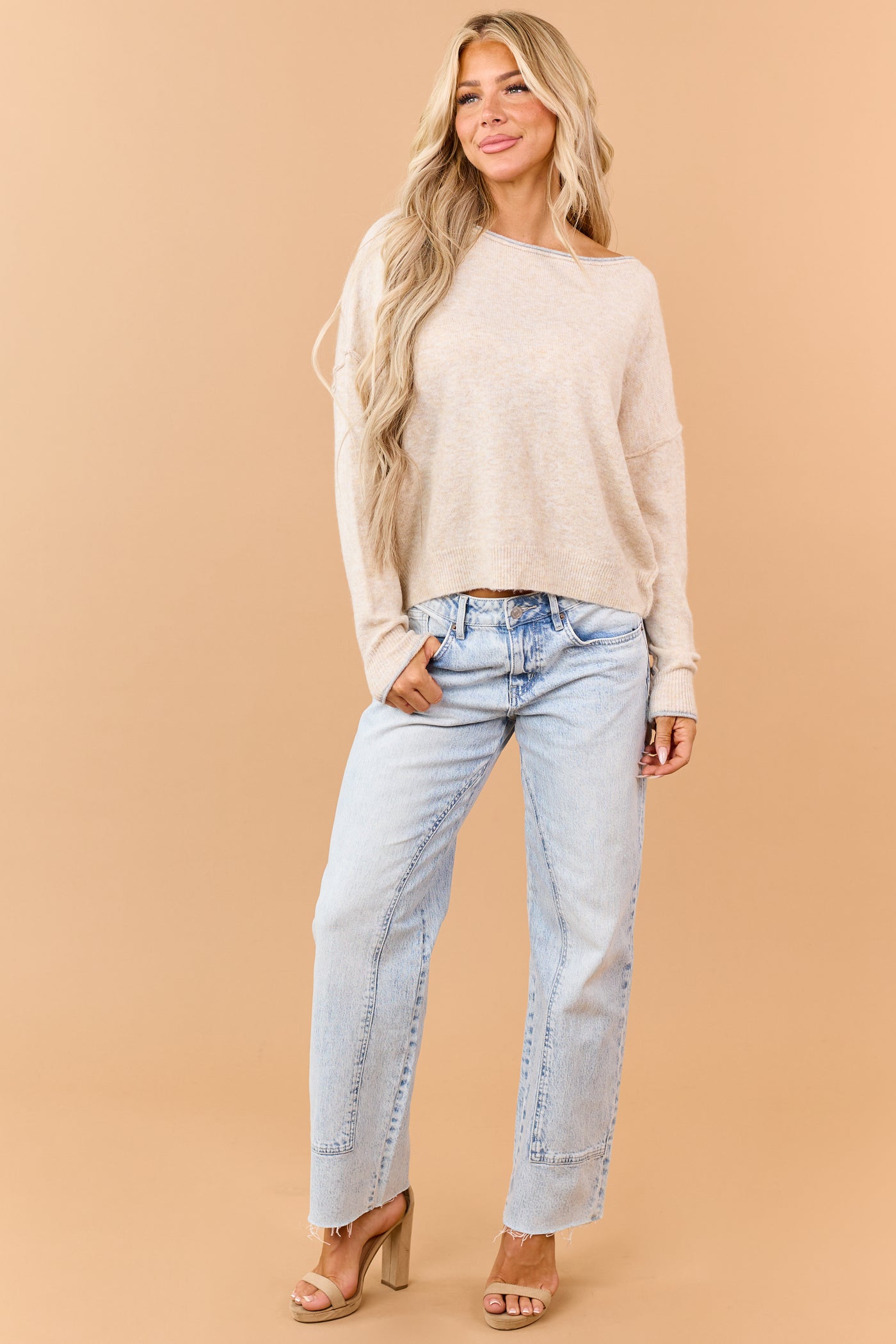 Beige Contrast Trim Off Shoulder Rib Knit Sweater
