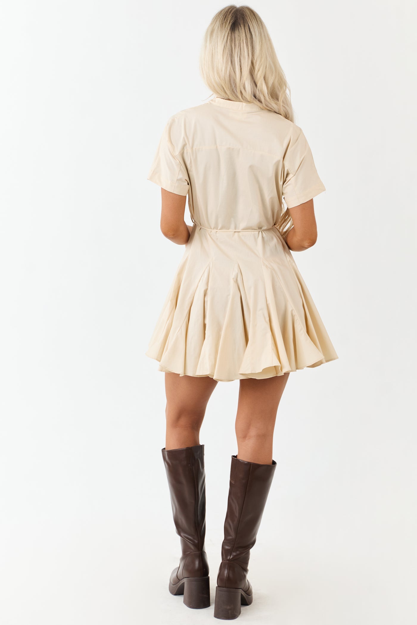 Beige Cotton Pleated Waist Tie Mini Shirt Dress