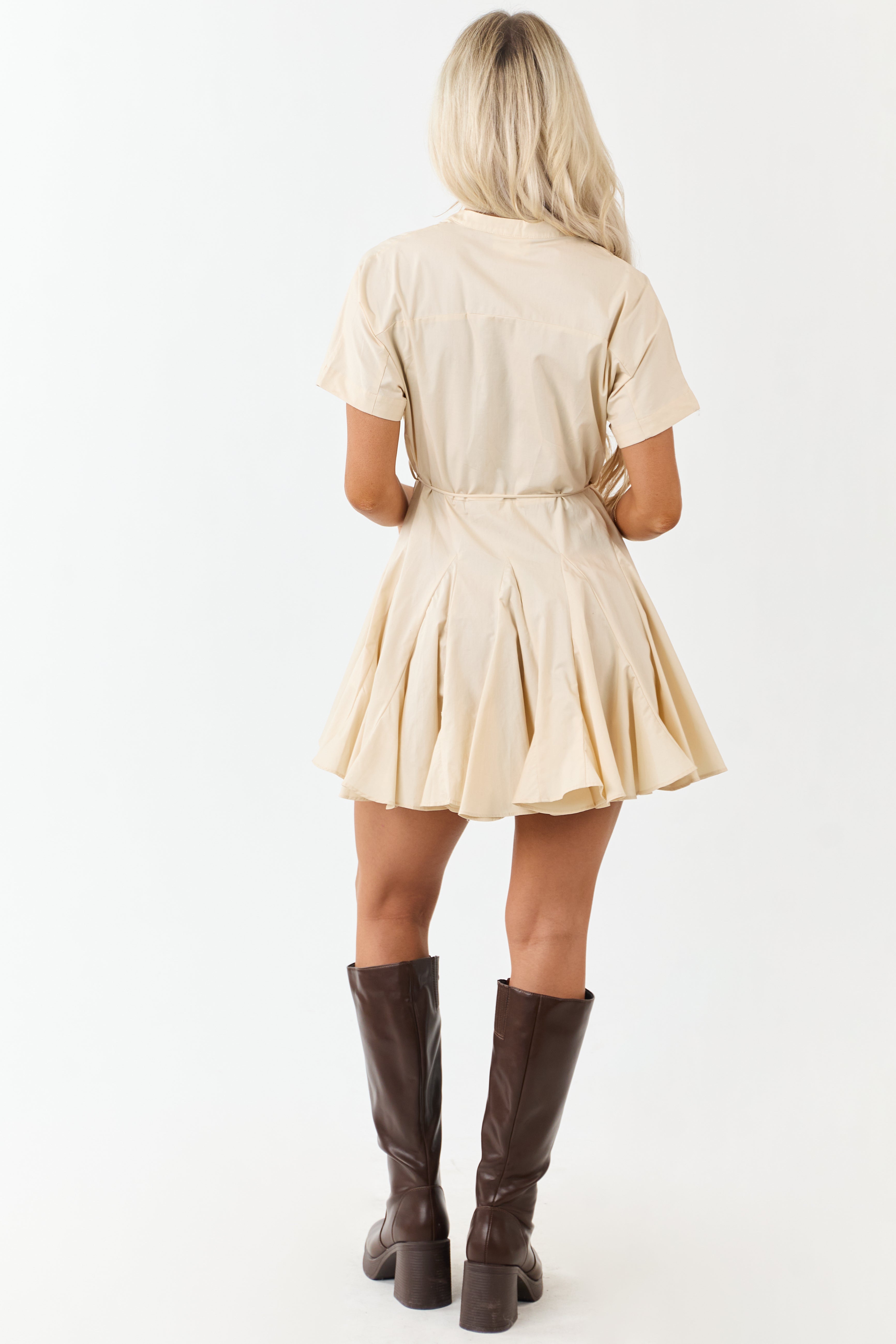 Beige Cotton Pleated Waist Tie Mini Shirt Dress