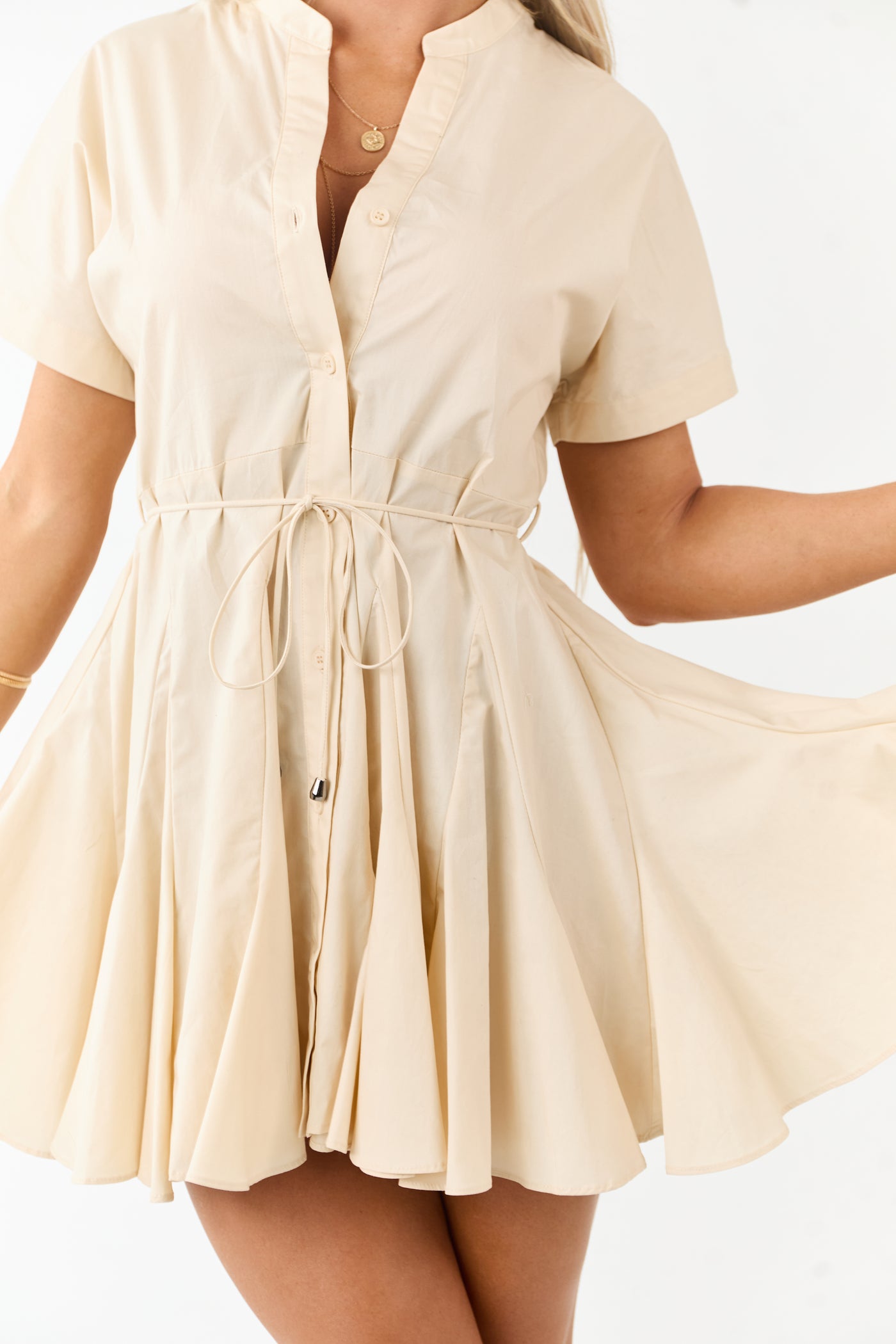 Beige Cotton Pleated Waist Tie Mini Shirt Dress