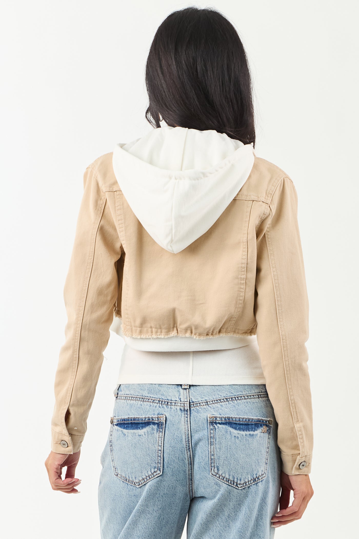 Beige Denim Crop Jacket with Inner Zip Up Hoodie