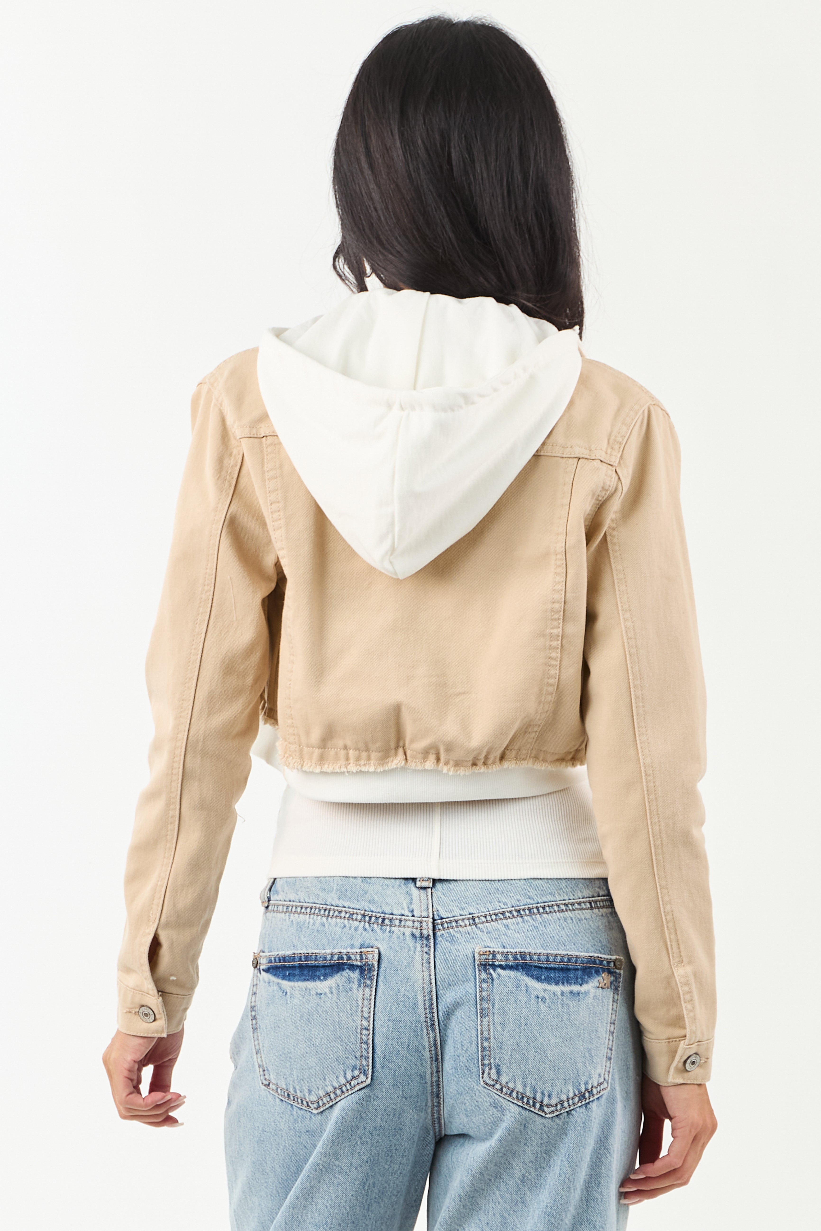 Beige Denim Crop Jacket with Inner Zip Up Hoodie