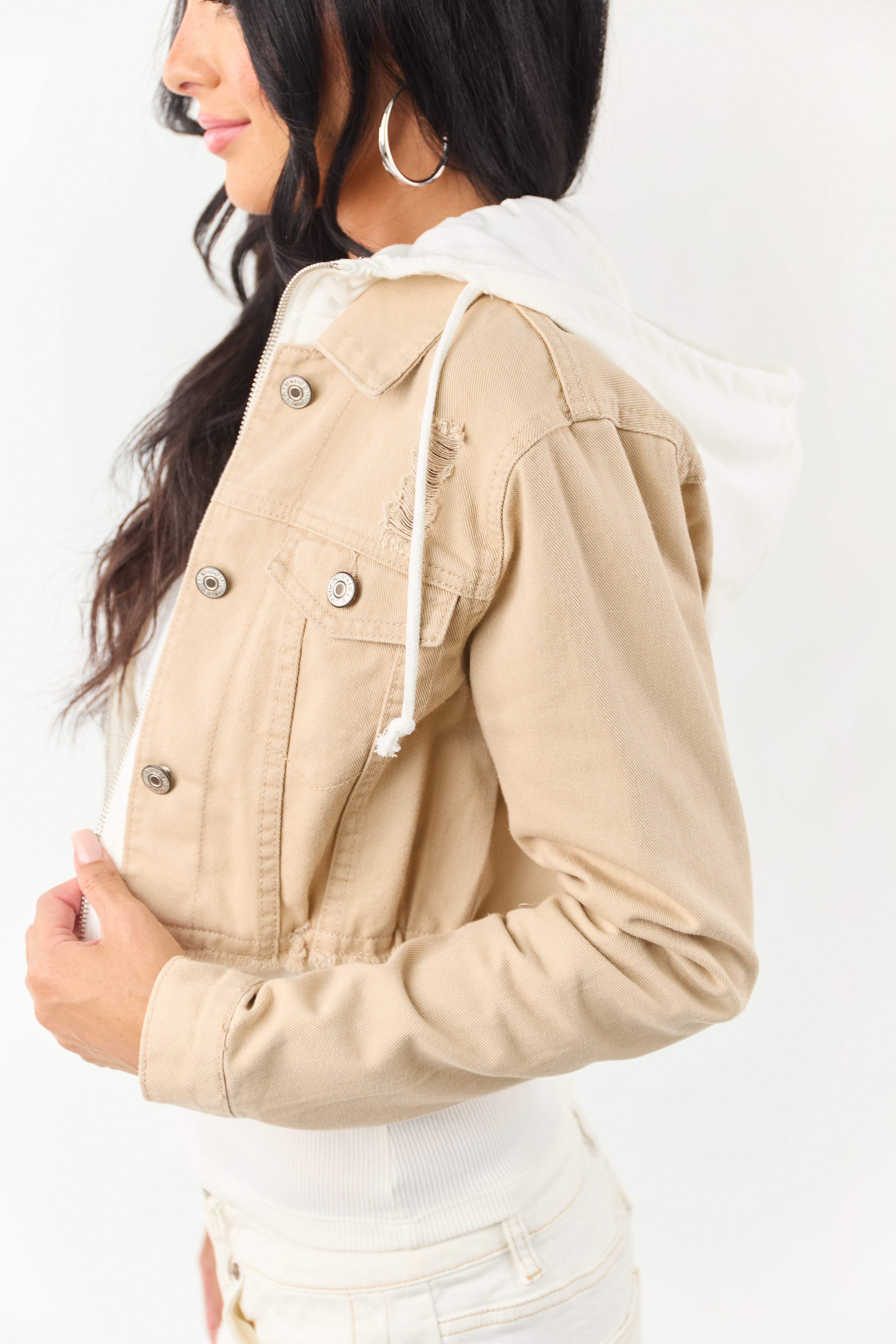 Beige Denim Crop Jacket with Inner Zip Up Hoodie | Lime Lush Boutique