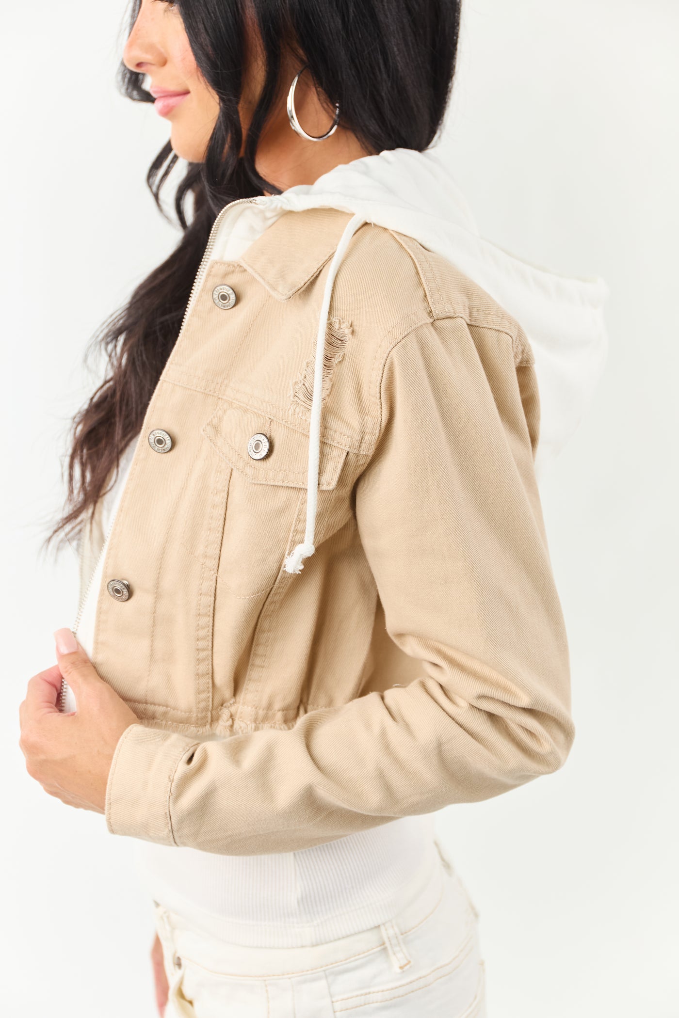 Beige Denim Crop Jacket with Inner Zip Up Hoodie