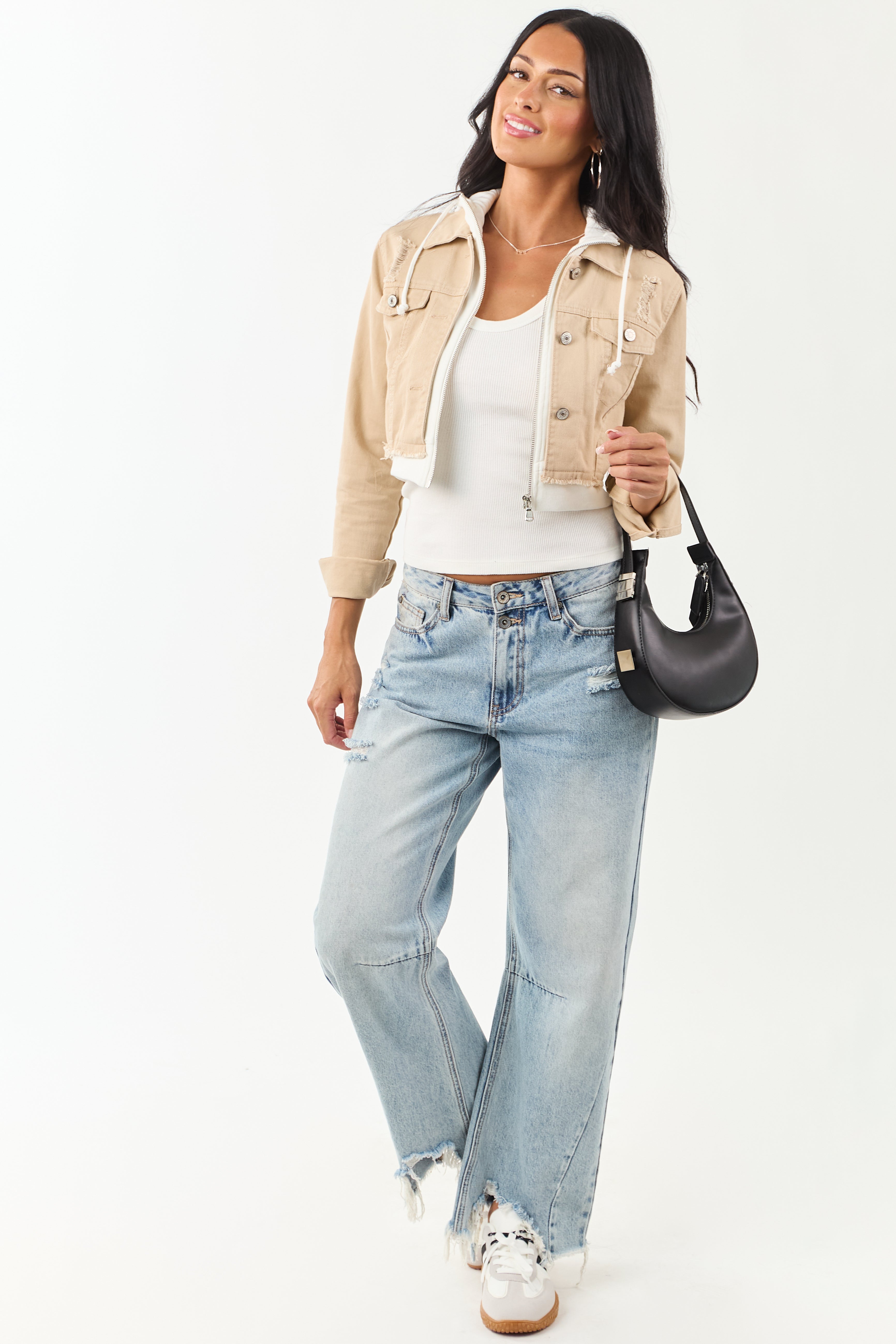 Beige Denim Crop Jacket with Inner Zip Up Hoodie | Lime Lush Boutique