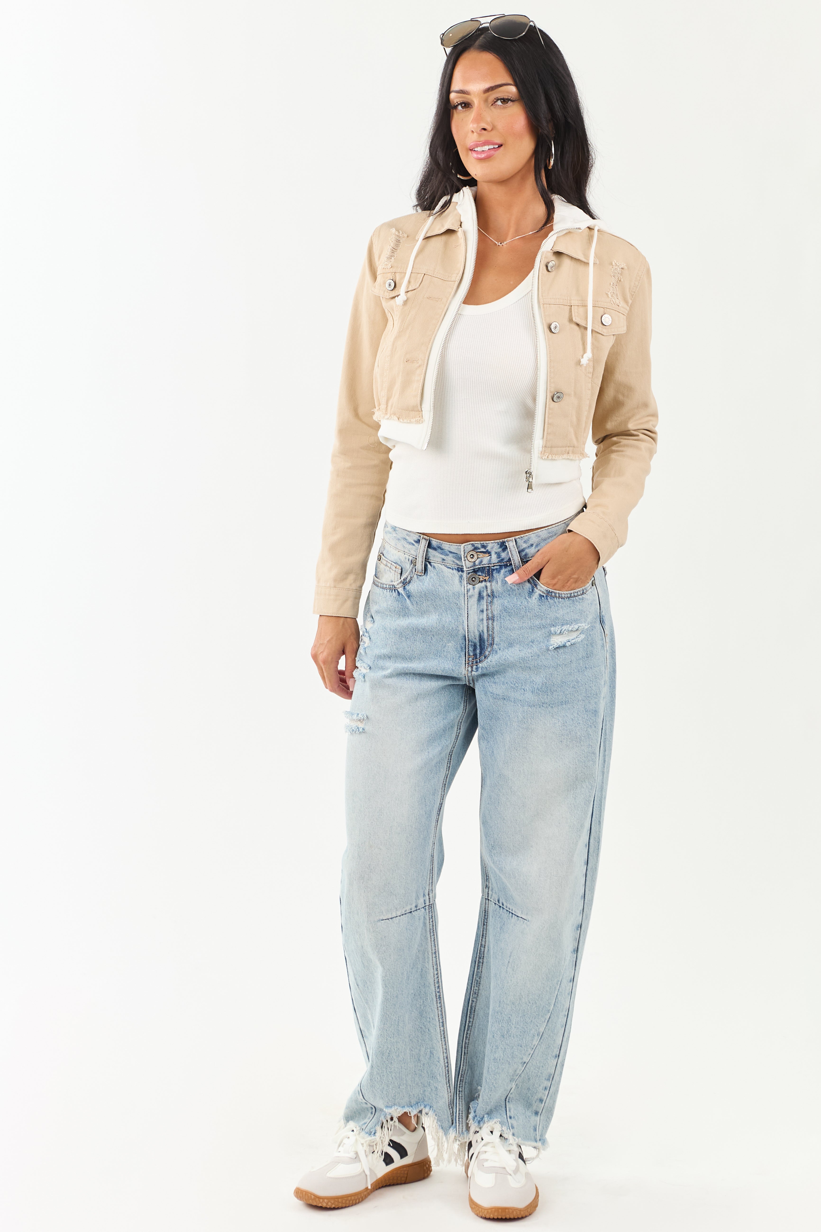 Beige Denim Crop Jacket with Inner Zip Up Hoodie | Lime Lush Boutique