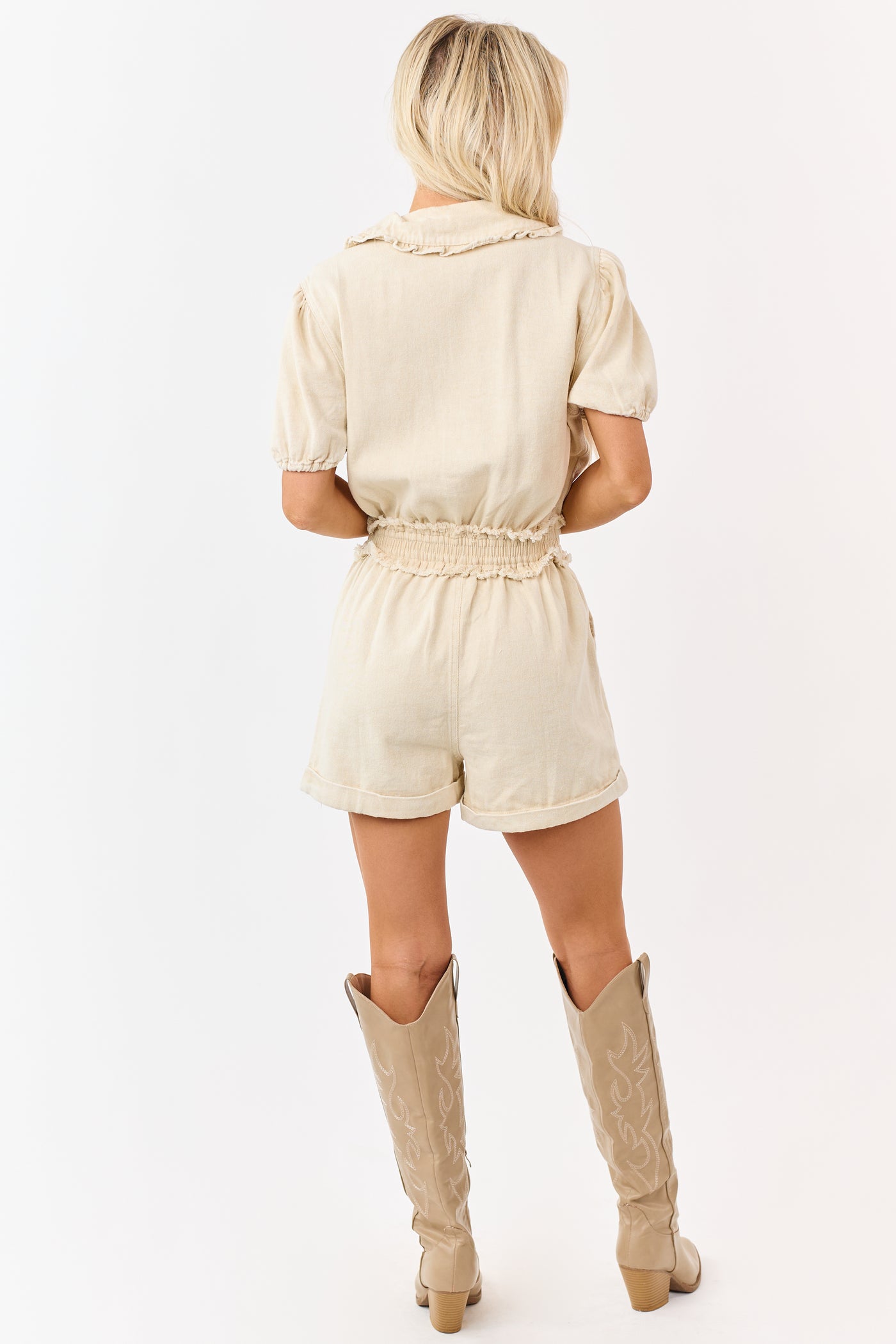 Beige Denim Smocked Waistband Buttoned Romper