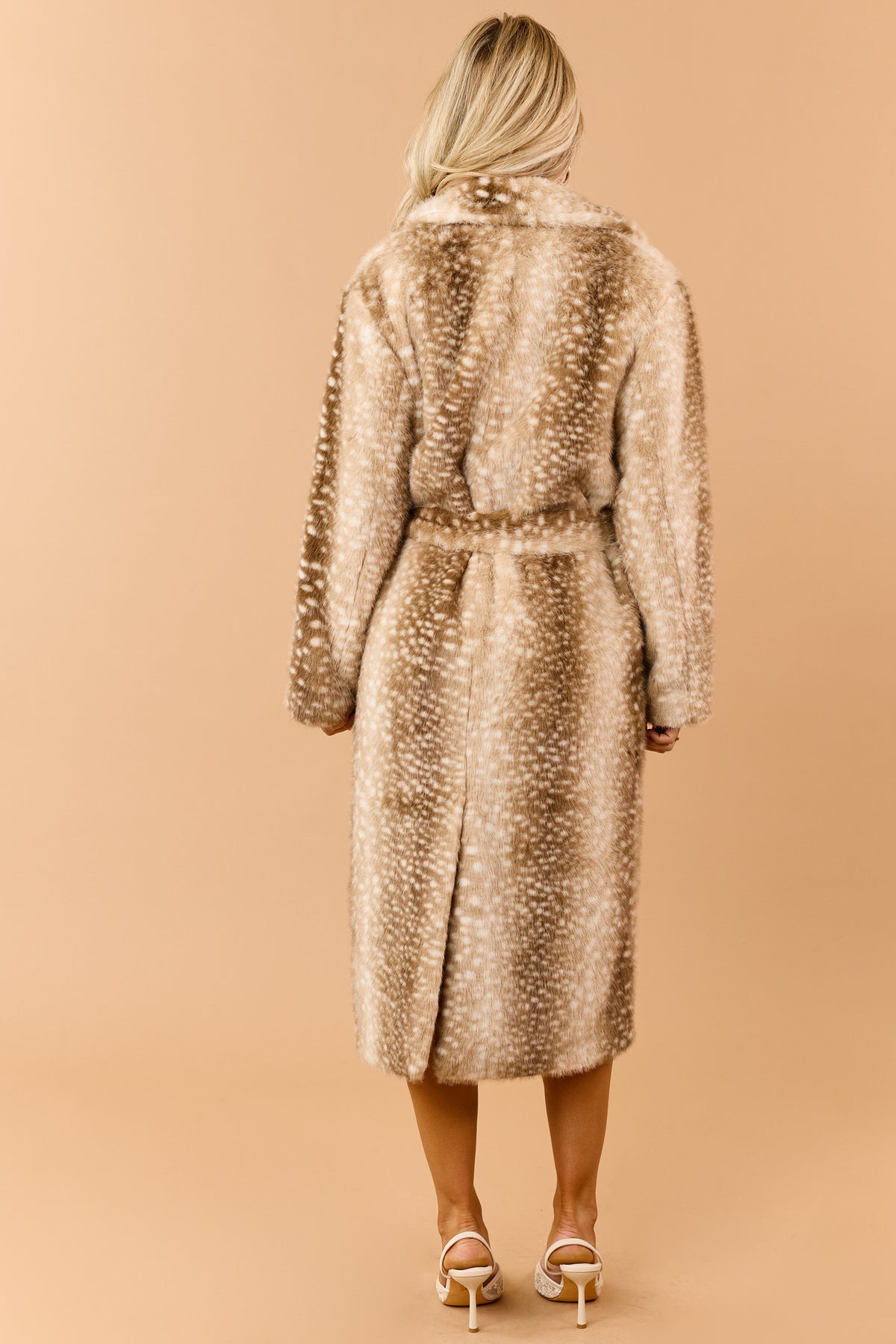 Beige Faux Fur Deer Print Longline Trench Coat