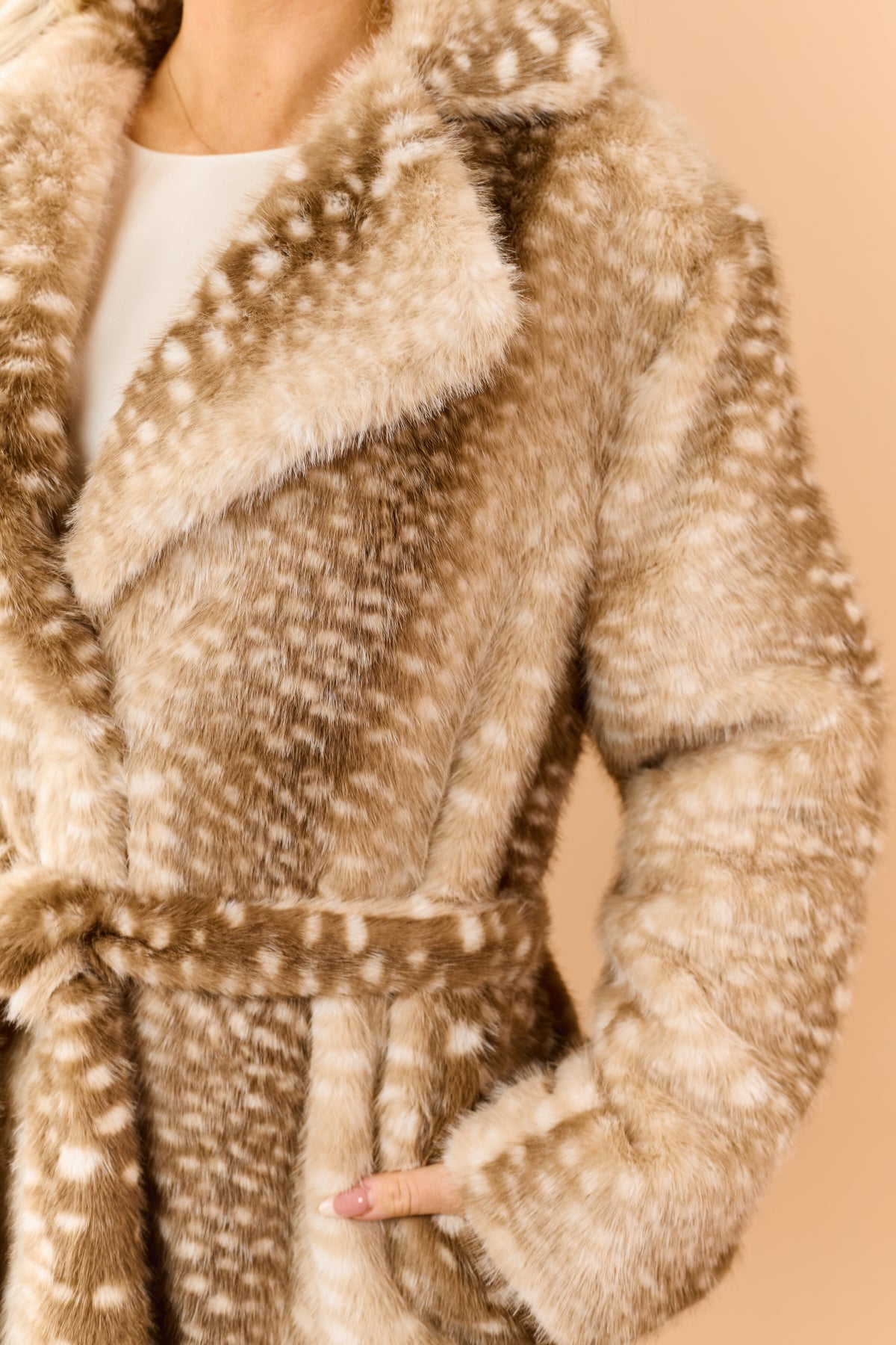 Beige Faux Fur Deer Print Longline Trench Coat