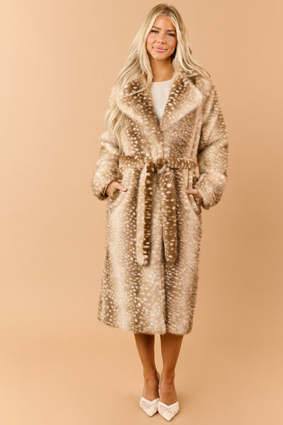 Beige Faux Fur Deer Print Longline Trench Coat