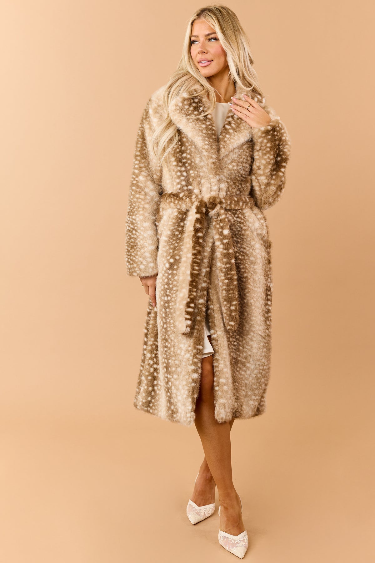Beige Faux Fur Deer Print Longline Trench Coat