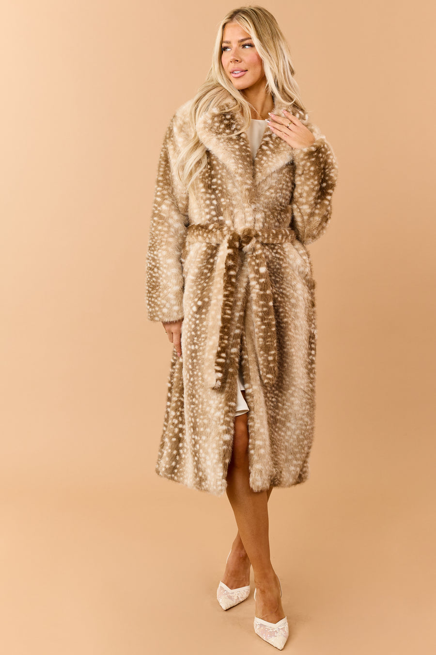 Beige Faux Fur Deer Print Longline Trench Coat