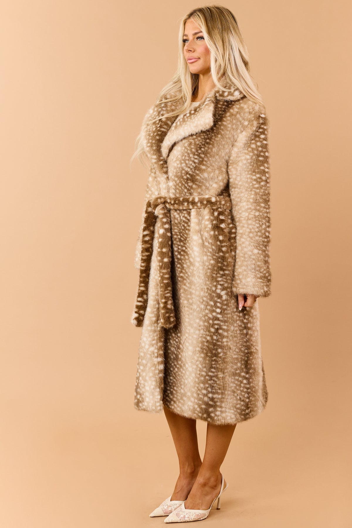 Beige Faux Fur Deer Print Longline Trench Coat