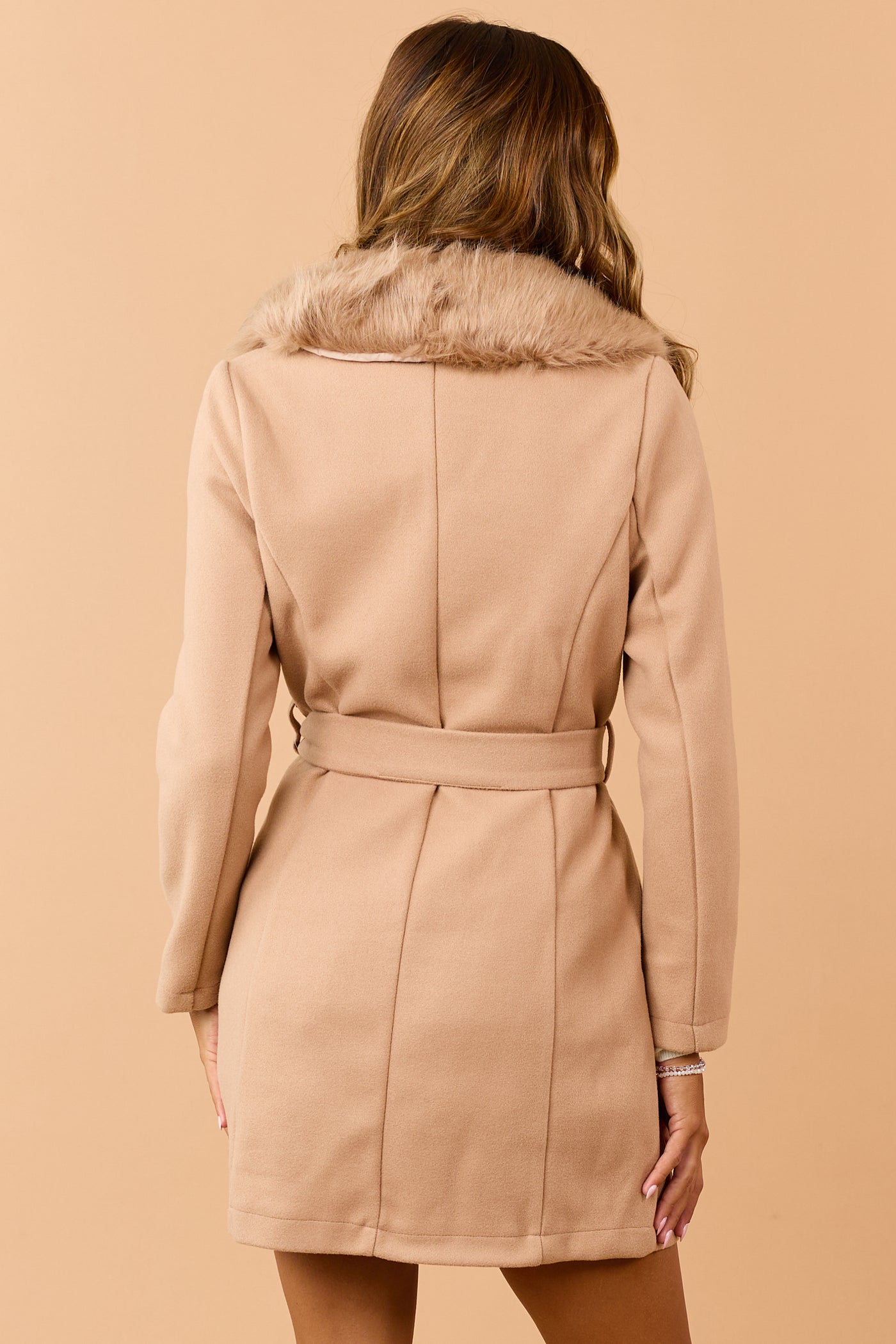Beige Faux Fur Lapel Collar Waist Tie Long Coat