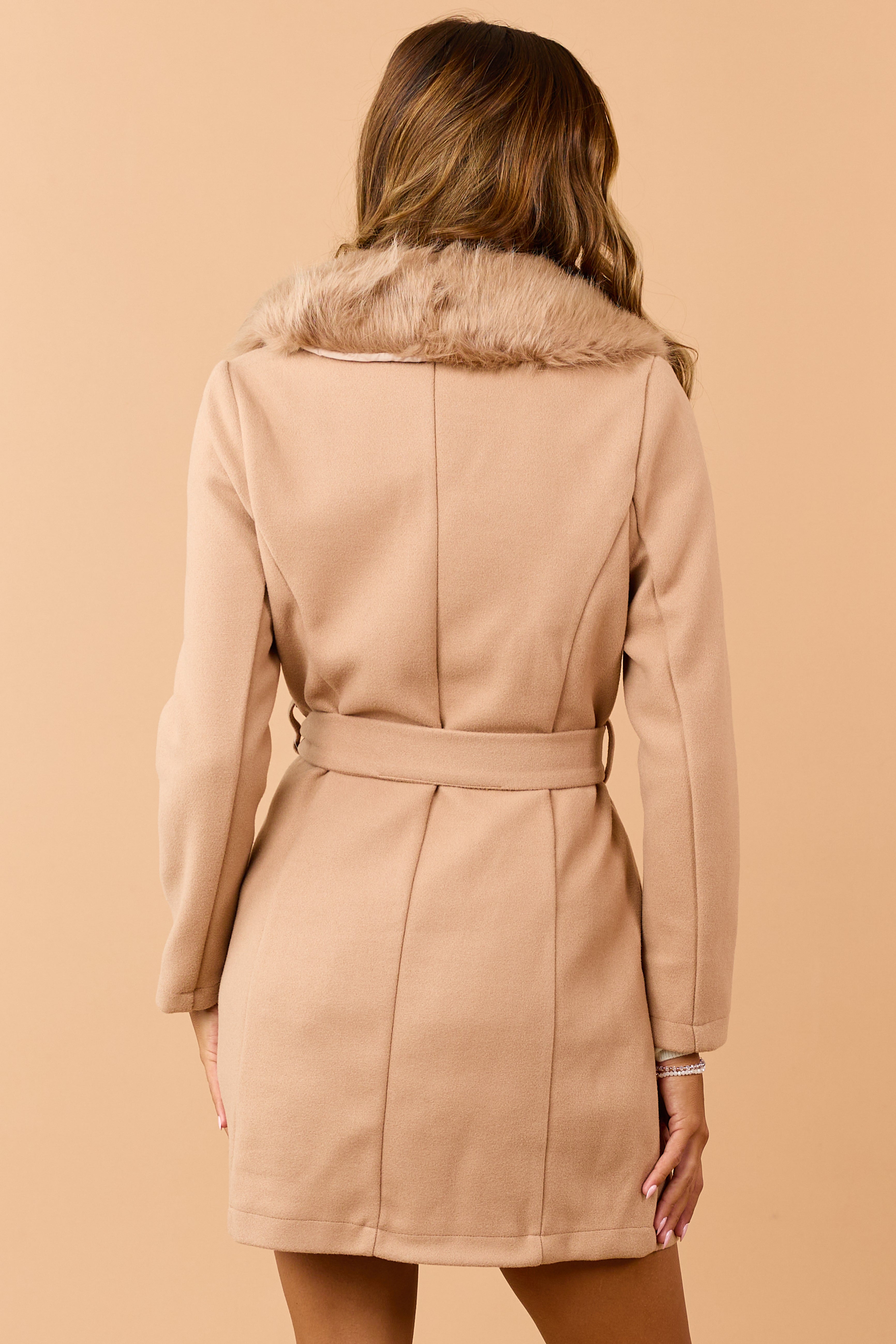 Beige Faux Fur Lapel Collar Waist Tie Long Coat