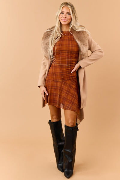 Beige Faux Fur Lapel Collar Waist Tie Long Coat