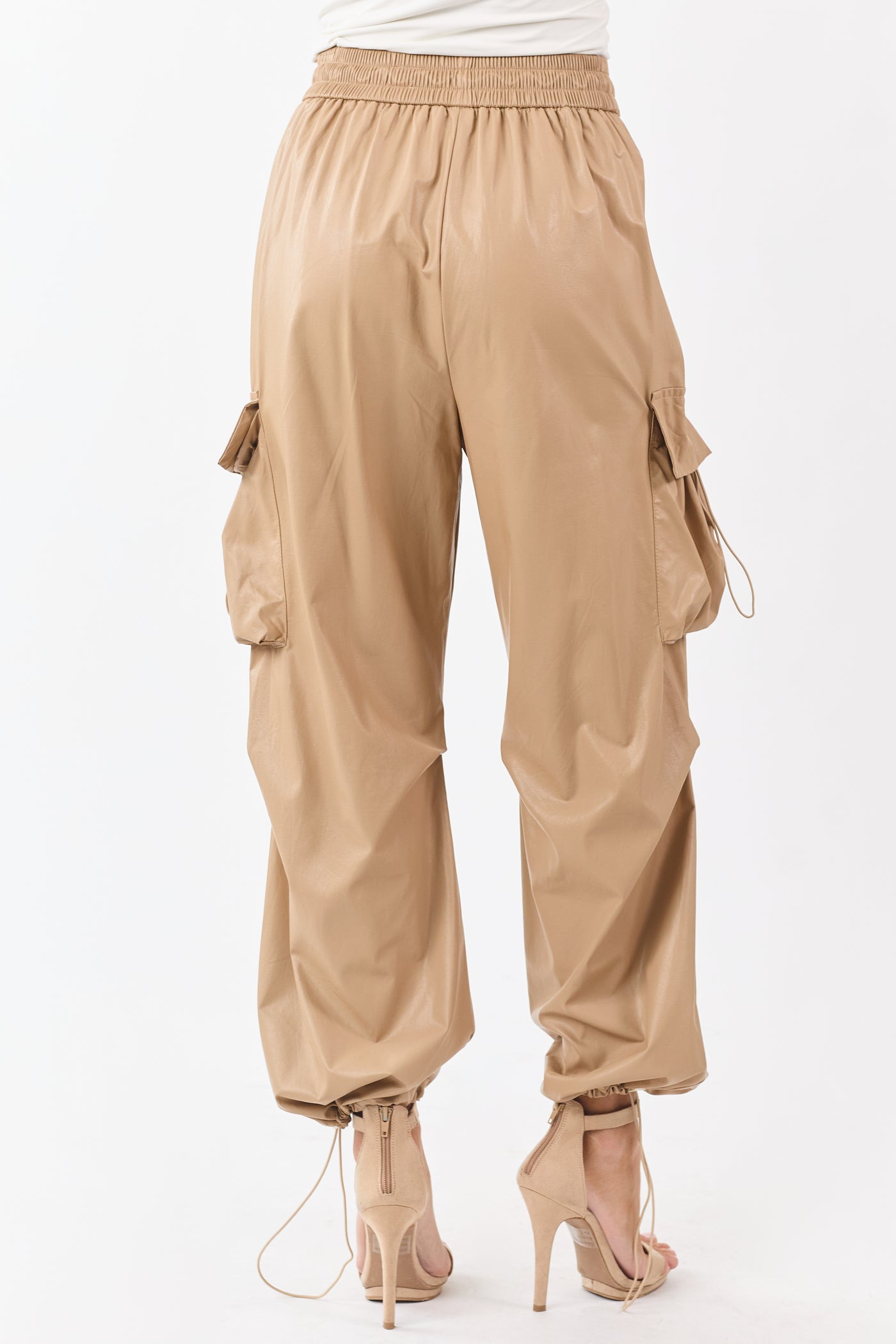 Beige Faux Leather Elastic Waist Cargo Pants