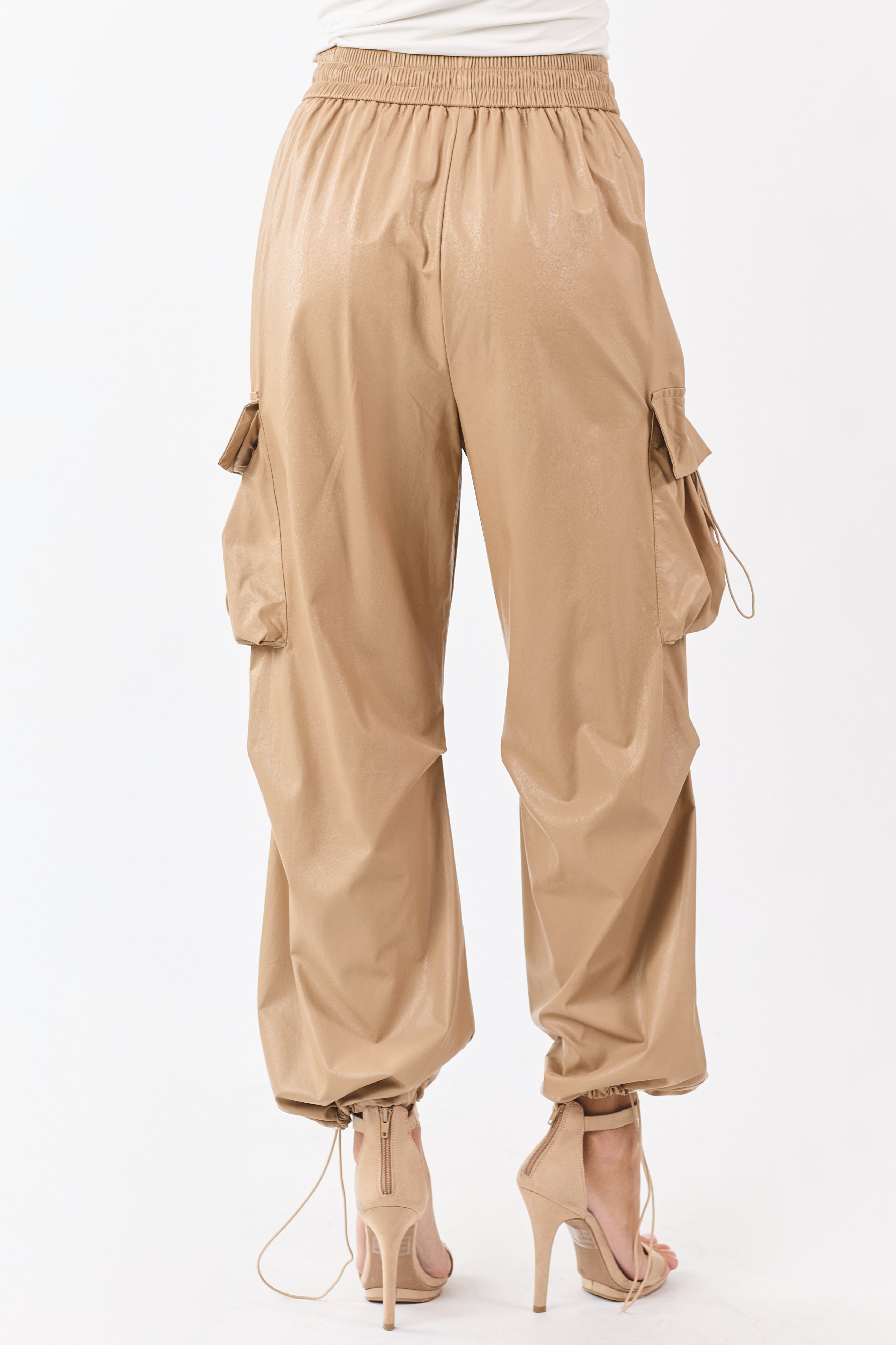 Beige Faux Leather Elastic Waist Cargo Pants