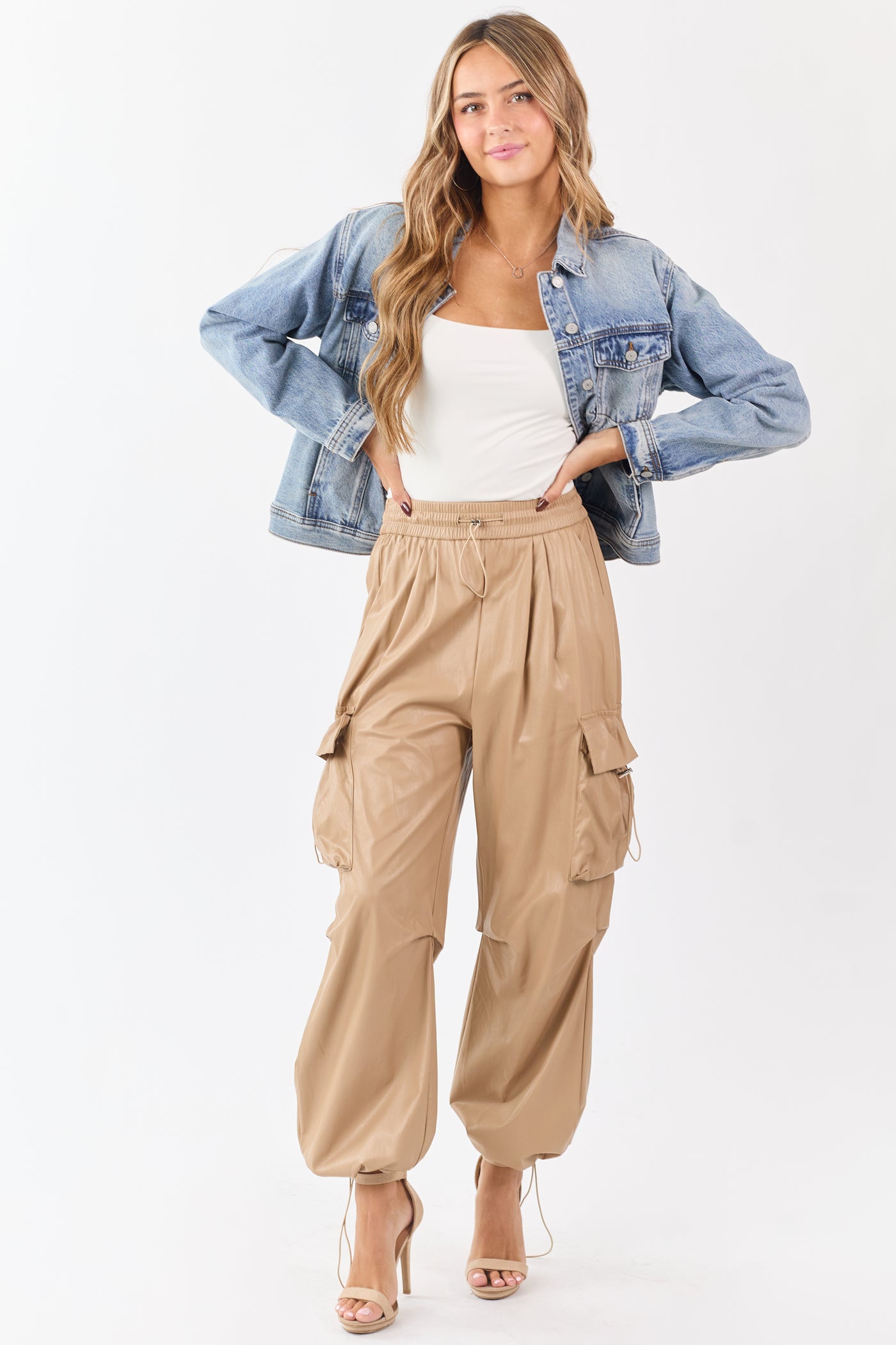 Beige Faux Leather Elastic Waist Cargo Pants