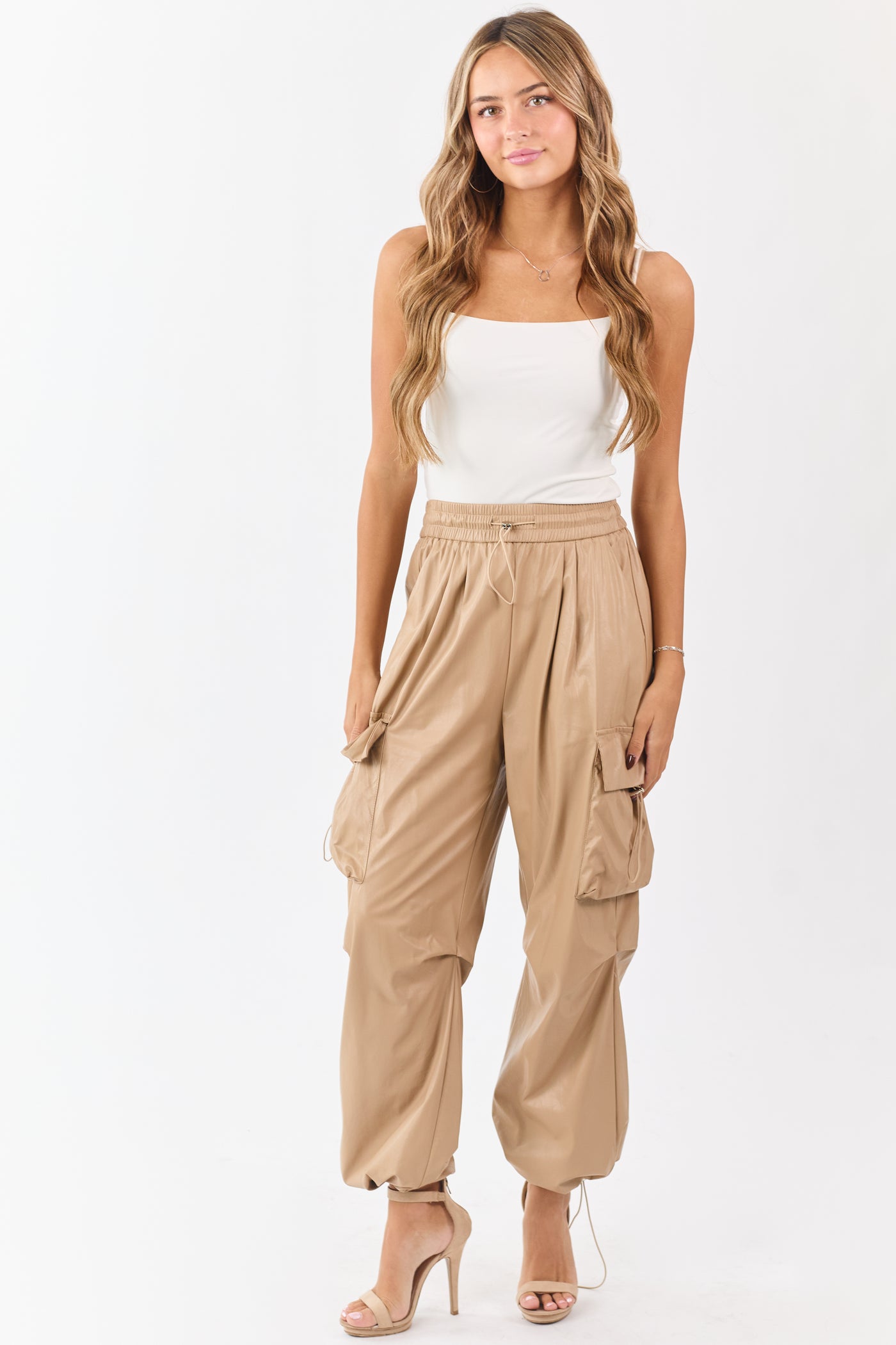 Beige Faux Leather Elastic Waist Cargo Pants