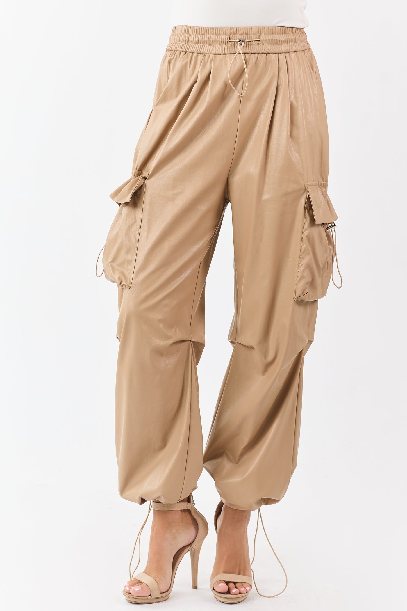 Beige Faux Leather Elastic Waist Cargo Pants