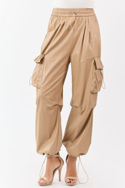 Beige Faux Leather Elastic Waist Cargo Pants