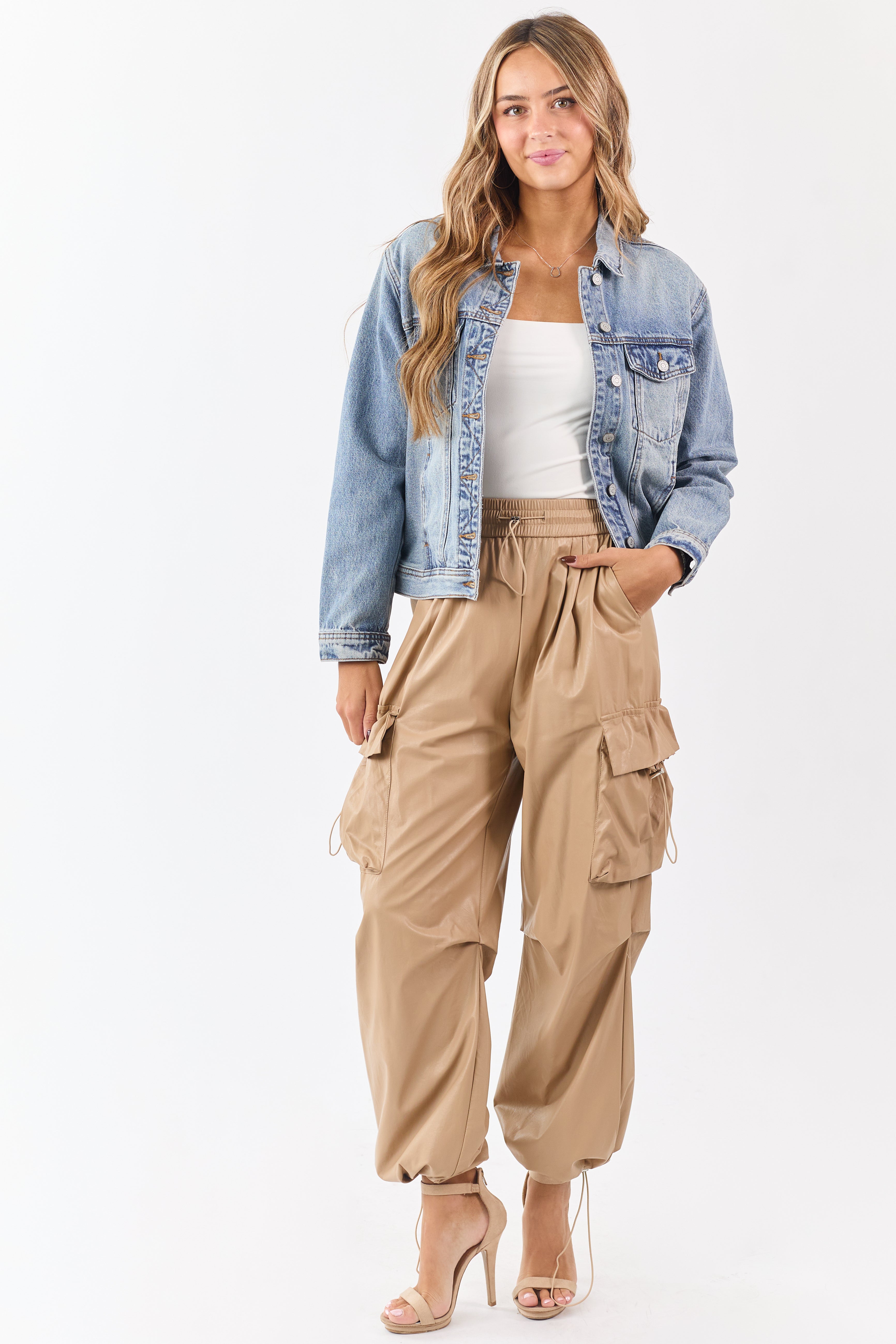 Beige Faux Leather Elastic Waist Cargo Pants
