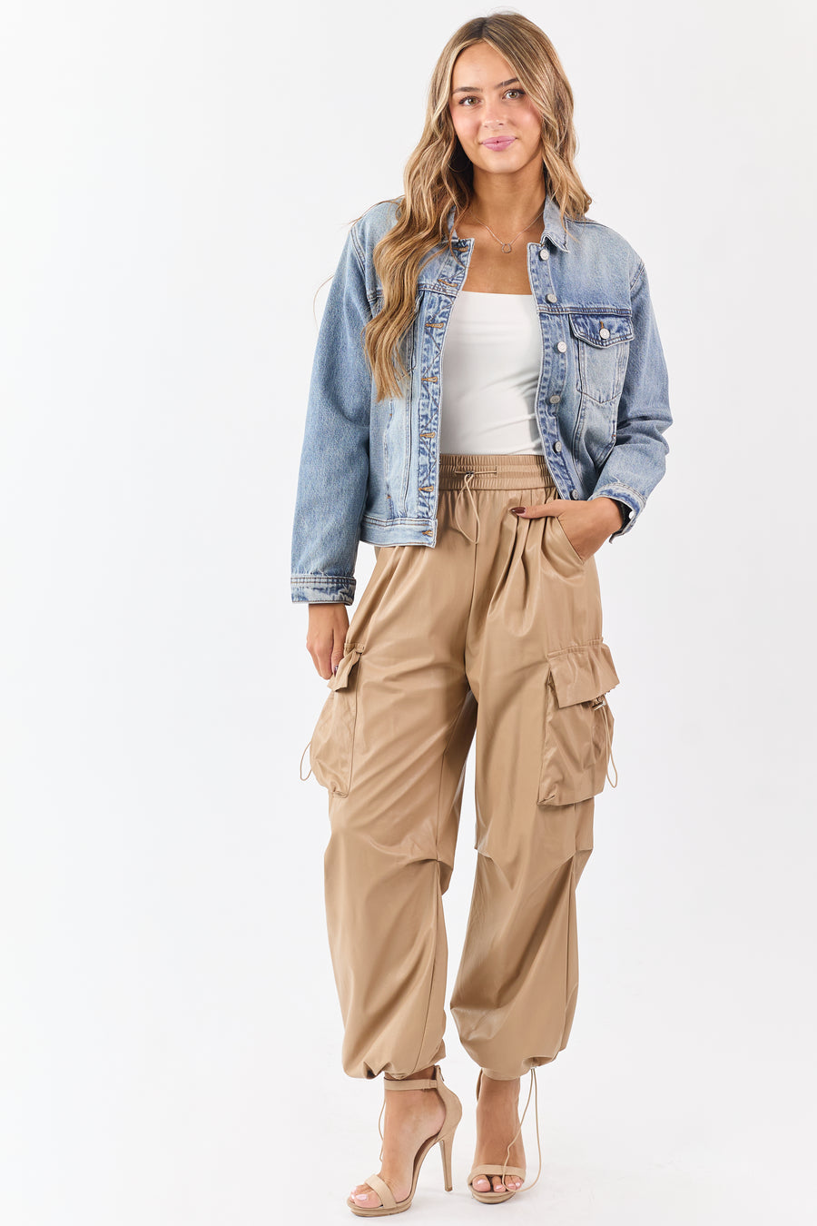 Beige Faux Leather Elastic Waist Cargo Pants