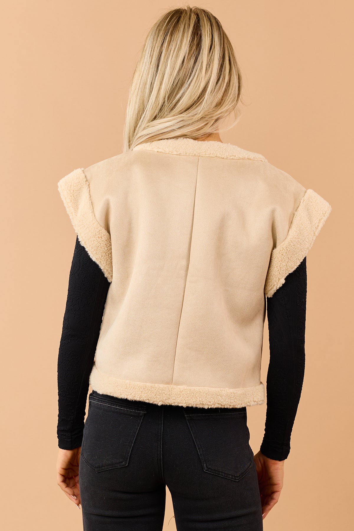 Beige Faux Suede Floral Embroidered Sherpa Trim Vest