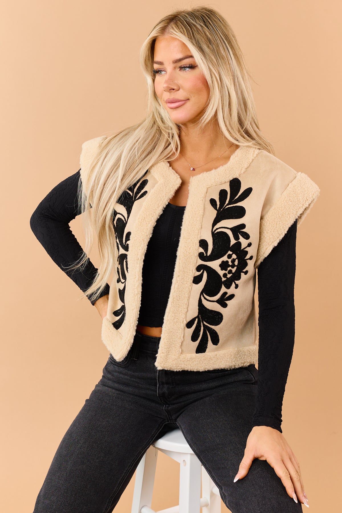Beige Faux Suede Floral Embroidered Sherpa Trim Vest